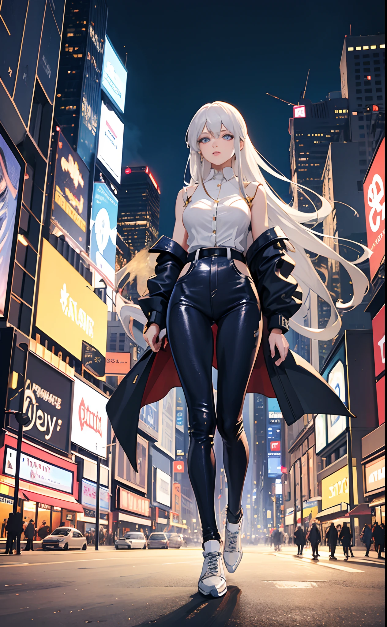 Enterprise, casual clothes, walking, New York Times Square, detailed eyes, detailed lips, elegant appearance, confident expression, long silver hair flowing, clear blue eyes gazing ahead, trendy outfit, loose white shirt, black leather jacket, ripped jeans, fashionable sneakers, luxury-looking wristwatch, bustling crowd, colorful billboards, towering skyscrapers, vibrant city lights, lively atmosphere, urban landscape, iconic yellow taxis, famous landmarks, Times Square signage, busy streets, tourist hotspot, night scene, best quality, high resolution, ultra-detailed, photo-realistic, vivid colors, beautiful evening sky