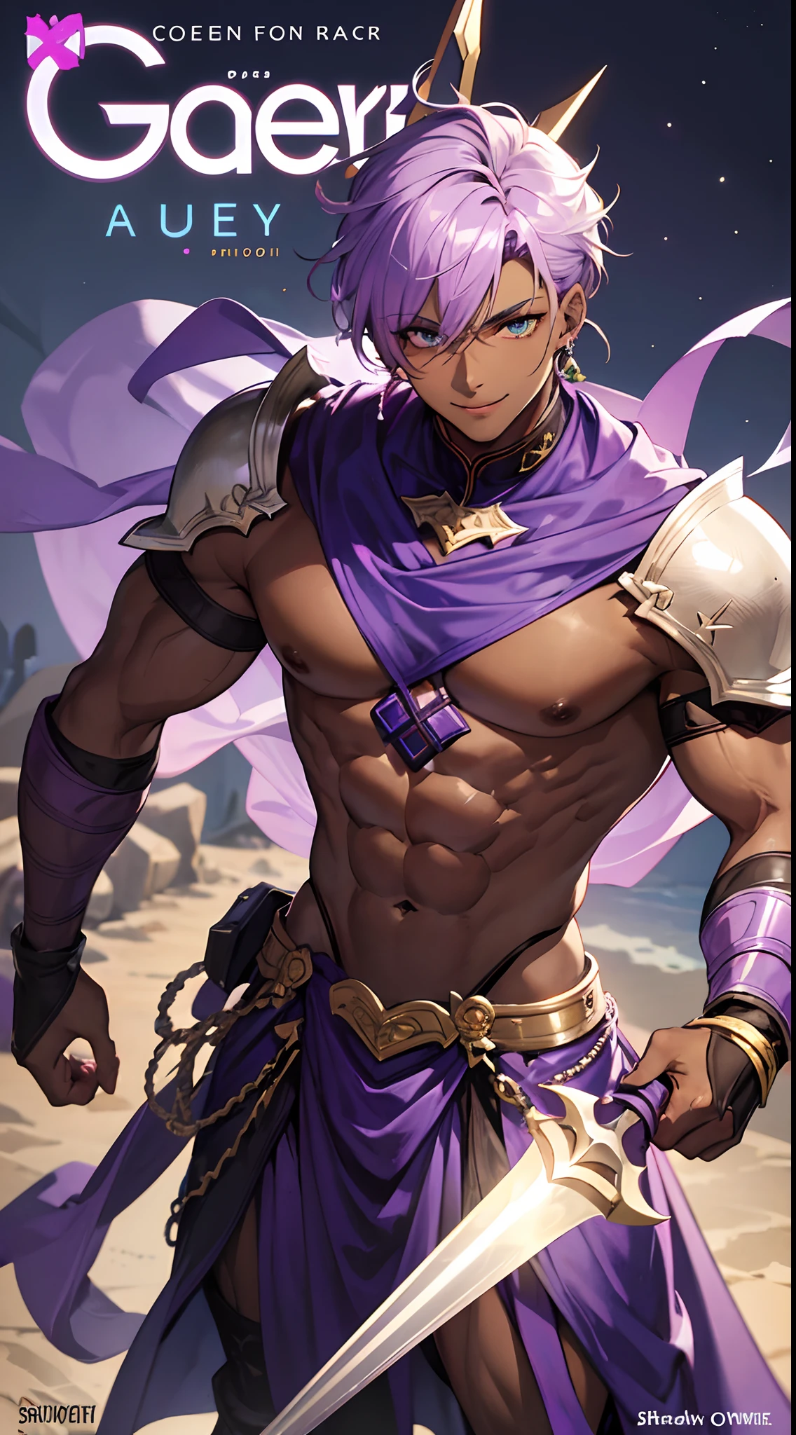 Cover magazine. A g man with dark brown skin. He had short hair. Light purple hair. Bright purple hair. and green eyes. His ears were pointed. A dark elf. fantasy style of dress. Smile. Muscle. Swordman.