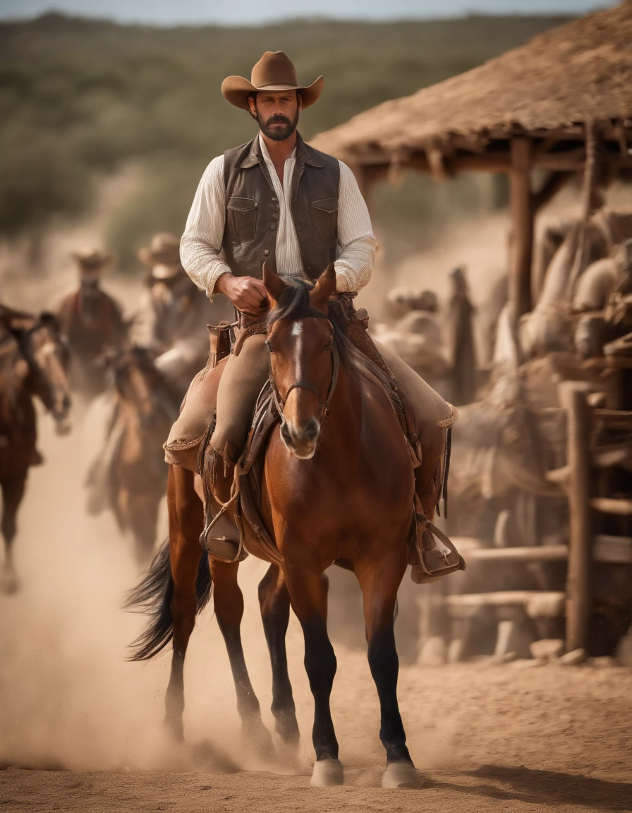 cinematic portrayal, ((Parte superior del cuerpo)), De cara a la audiencia, (Realidad :1.3), The most beautiful art photo in the world, A man looks at the camera, Conjuntos de mezclilla vintage, Vaquero occidental, Cara hermosa detallada, action shot, (intrincado :1.4), Antecedentes occidentales, realistic photograph, during the day, CG, Stand de Arte