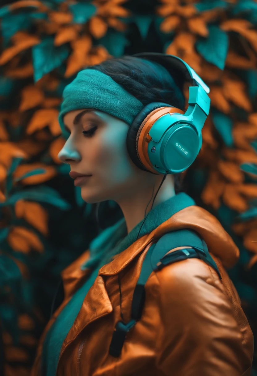 a papier mâché female head has headphones on, in the style of futuristic digital art, highly detailed foliage, tokina at-x 11-16mm f/2.8 pro dx ii, teal and orange, sony alpha a7 iii, made of glass, luminous reflections, light refraction