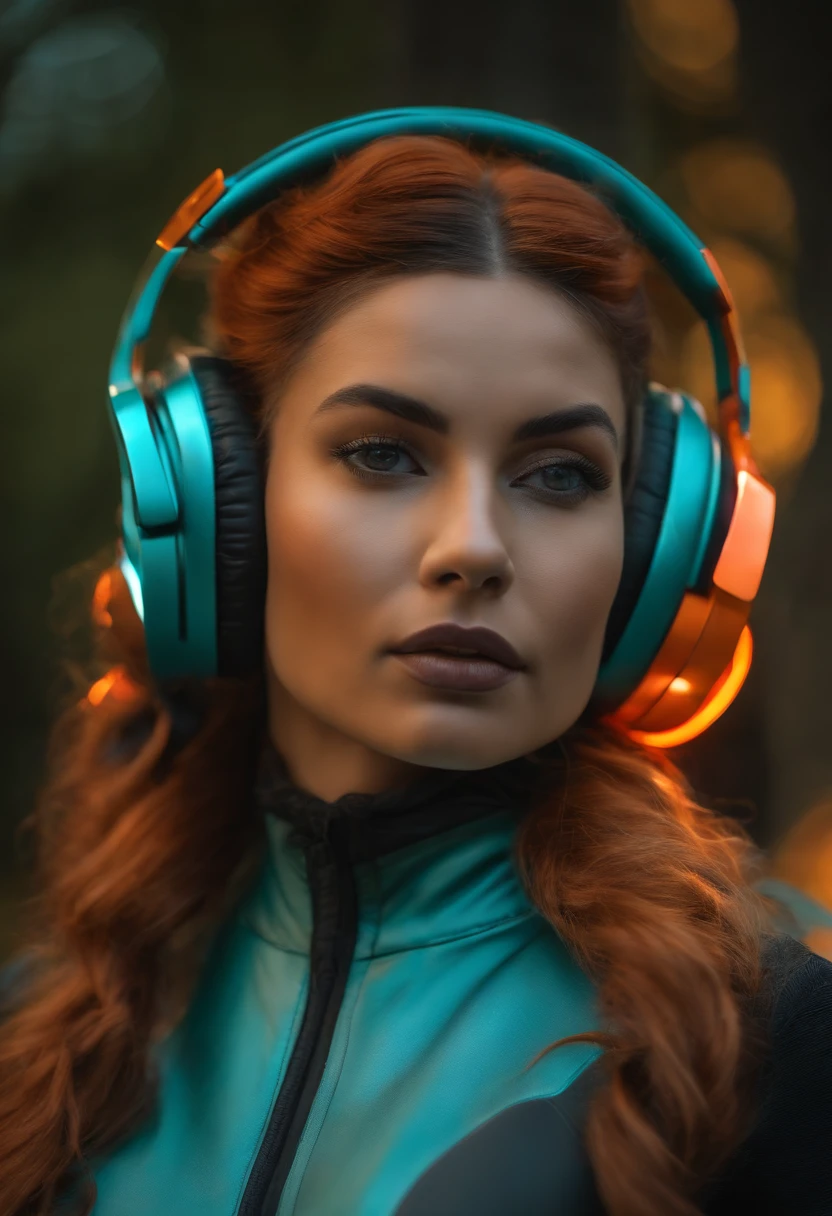 a papier mâché female head has headphones on, in the style of futuristic digital art, highly detailed foliage, tokina at-x 11-16mm f/2.8 pro dx ii, teal and orange, sony alpha a7 iii, made of glass, luminous reflections, light refraction