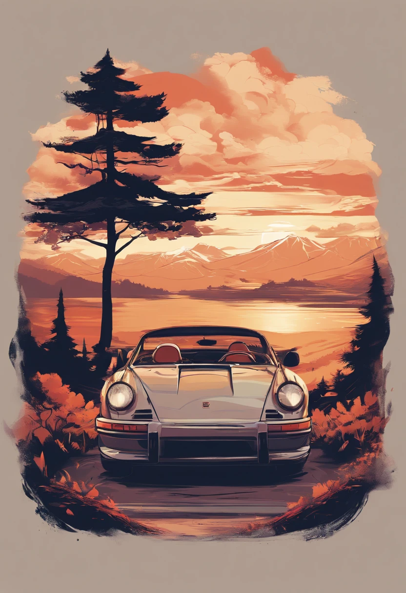 T-shirt design, genshin impact graphic, vector, a Porsche Cyenne with a scenic landscape in the background, detailed illustration, and retro style