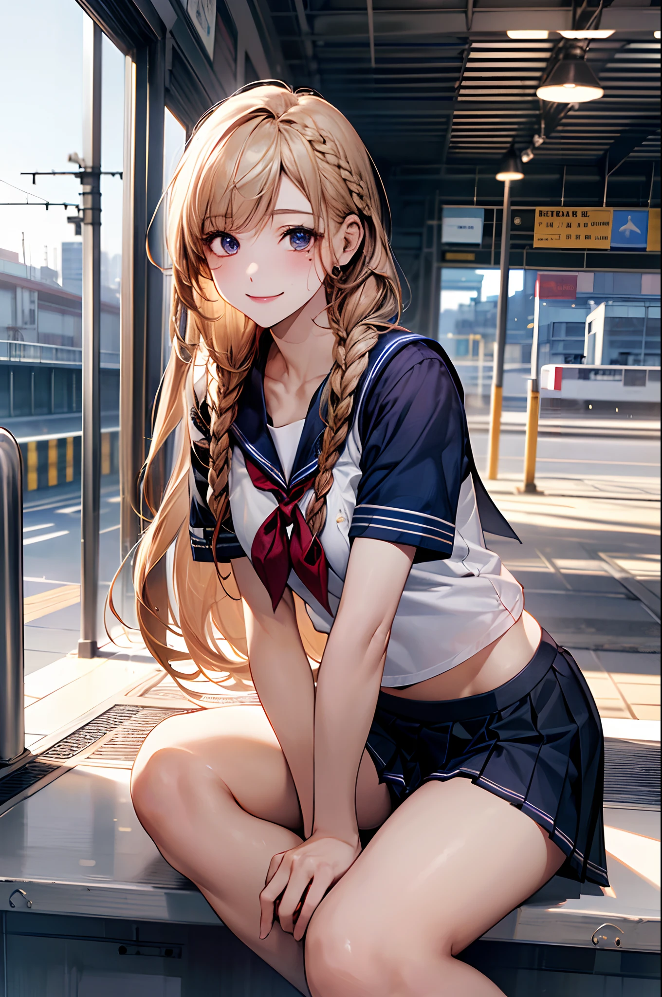 lewd, touching breast((((, , perfect anatomy, super detailed skin)))), 1 girl, japanese, , shiny skin, large breasts:0.5, watching the view, (smile:1.5), 
beautiful hair, beautiful face, beautiful detailed eyes,  (absurdly long hair:1.1, side braid:1.5), blond hair, 
beautiful clavicle, beautiful body, beautiful chest, beautiful thigh, beautiful legs, beautiful detailed fingers, five fingers, babyface, , breast, mole under eye, 
((navy school uniform, short sleeves, navy pleated skirt, sailor collar, extremely sexy, seductive thighs)), white panties, thong, crotch, camel toe
(beautiful scenery), evening, , (train station), sitting, 
(8k, top-quality, masterpiece​:1.2, extremely detailed, , ), (photorealistic), beautiful illustration, cinematic lighting,