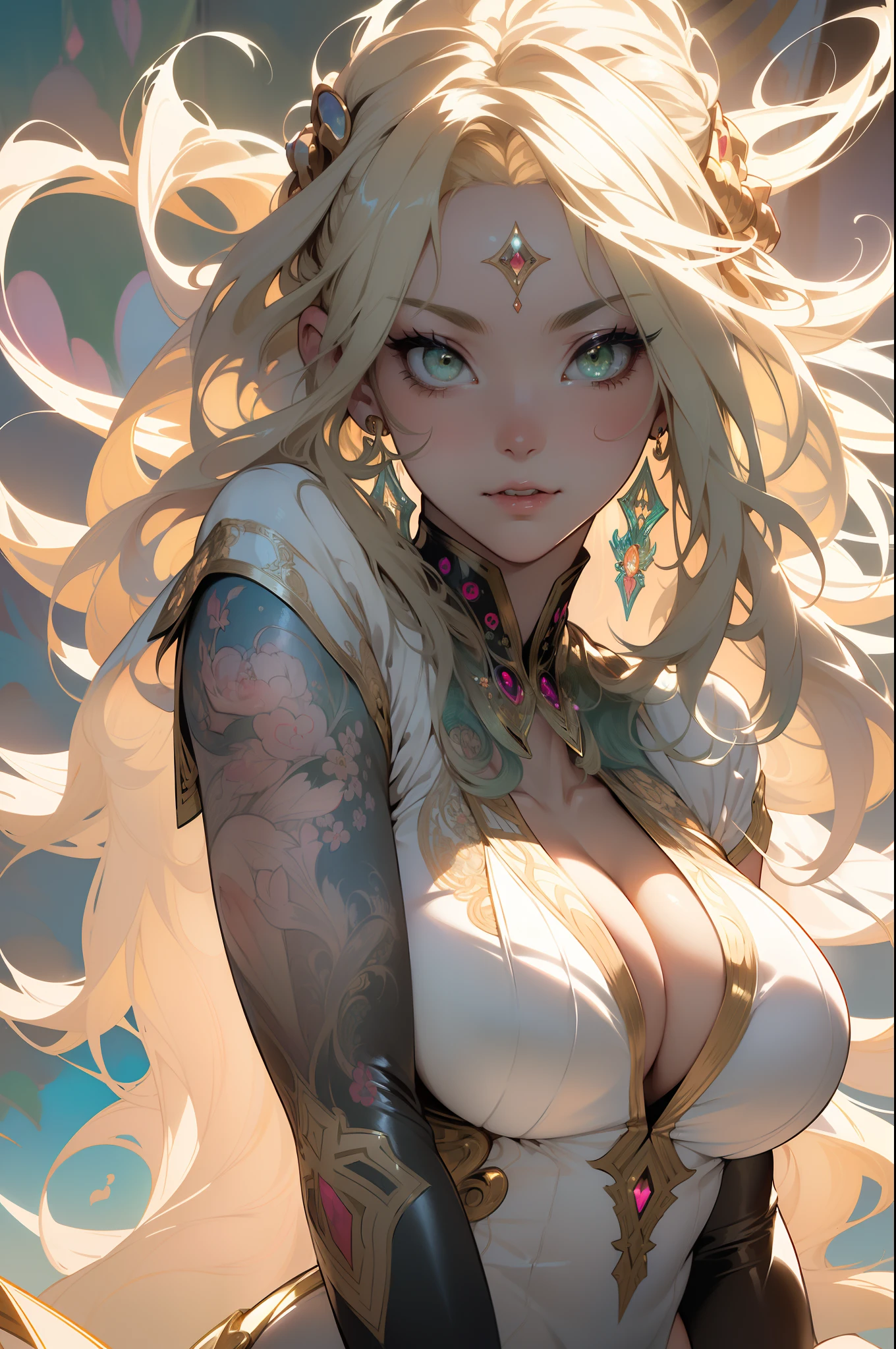 ((Best quality UHD)), ((masterpiece)), (detailed: 1.4), (Absurd), the most beautiful and sexy bunny girl, long blonde hair blowing in the wind, white kinetic skin, vibrant glowing green eyes, hot woman, wearing highly detailed sexy leather bodysuit, sculptural body (((huge enormously gigantic tits, cleavage showing)), tons of tattoos and piercings(((unkempt hair)), very long finely detailed eyelashes, by mucha, niji --V5, close to real, sexy dynamic pose, pastel, centered, scale to fit the dimensions, lavish bedroom, highy detailed background, perfect masterpiece, best quality, best resolution