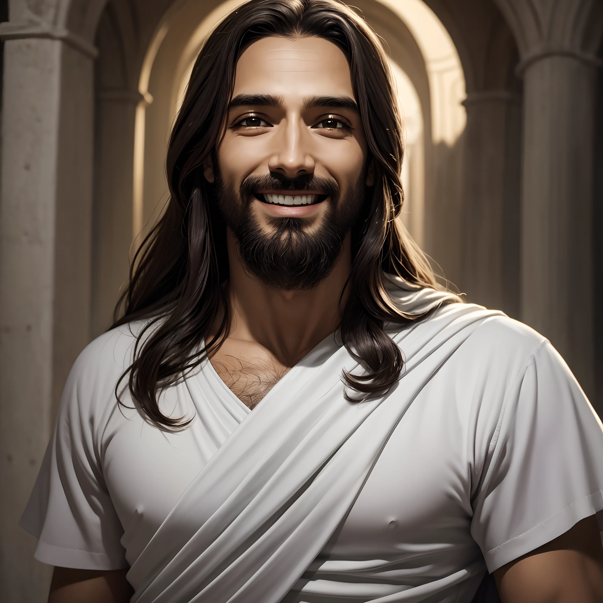 Close up de Jesus Cristo sorridente com olhar alegre, arte digital, arte de personagem, arte HD, deviantart