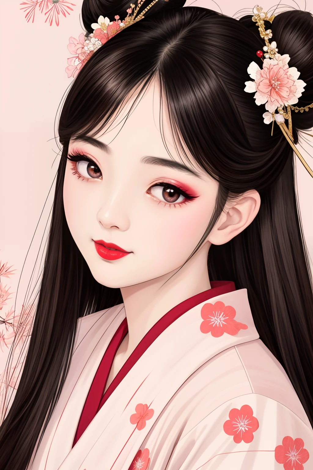 ((Big、a small face、No exposure))、top-quality、​masterpiece、（Bun hair Black hair）、Brown eyes、｟From the buttocks up is the whole body、Diagonally horizontal｠、(４In K、​masterpiece、hight resolution、Realistic and beautiful light and shadow、One girl、Solo Focus、(top-quality)、(Hi-Res)、(extremely delicate and beautiful)、(Beautiful 8k face)、(I close my eyes while smiling.)、(独奏)、(Clear skin)、(Soft hair)、(7headed body)、(Yukata kimono with red and white floral pattern、Girl in Yukata)、((Hair in a bun))、((Tanabata decoration background))、((a small face))、(reality)、thin and small nose、（red lipsticks）、（Reddening cheeks）、（Lustrous skin）、((Ukiyo-e style))、Ultra-thin eyebrows、Ultra high image quality、（Wearing maiko-style makeup）、skin whitening、long and beautiful lashes、Lustrous skin that changes like a model in a Kyoto magazine、（Red-dyed cheeks）,Nasal muscle