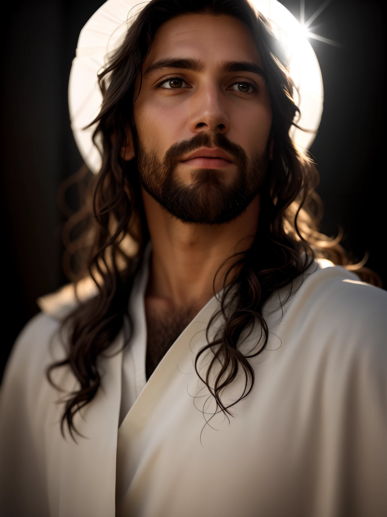 add_detail:1, realistic image of Jesus Christ, add_detail:light and distant light from heaven above the head