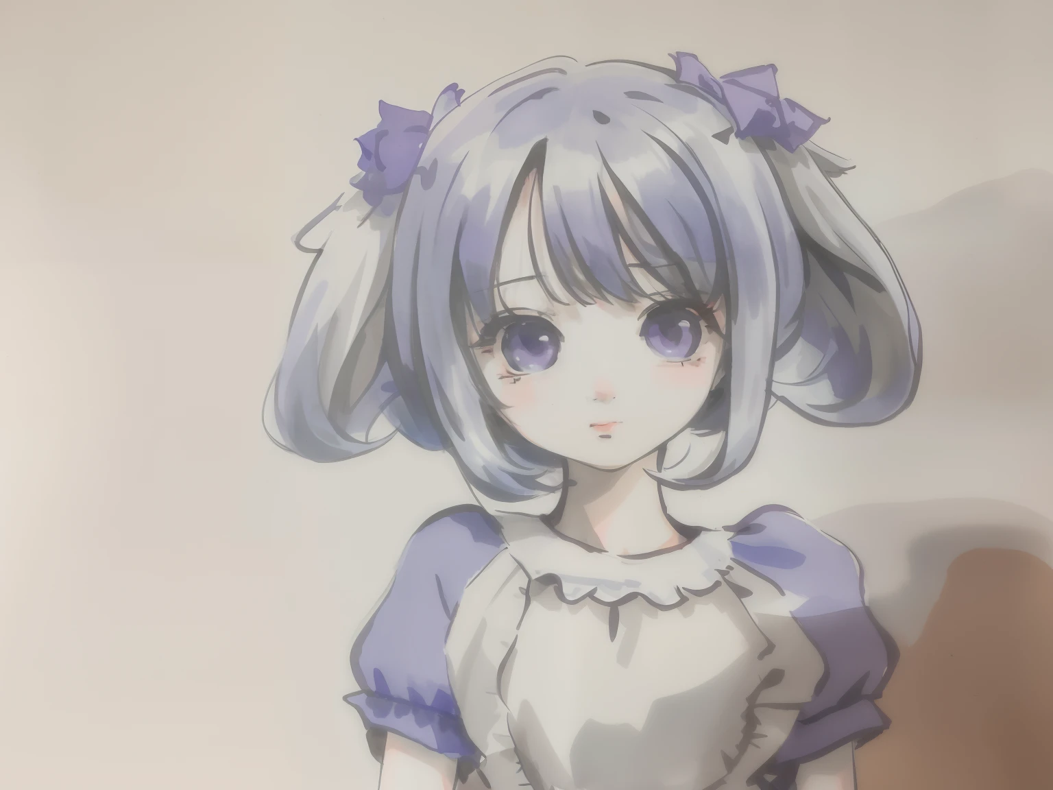 There is a painting,The painting is of a girl with long hair and a dress, small curvaceous loli, flat anime style shading, water color nendoroid, anime sketch, colored sketch anime manga panel, anime shading), small loli girl, anime shading, Soft anime illustration, Anime style portrait, ink and ballpoint, Portrait of an anime girl , Anime Paintings,Purple flower fields in the background