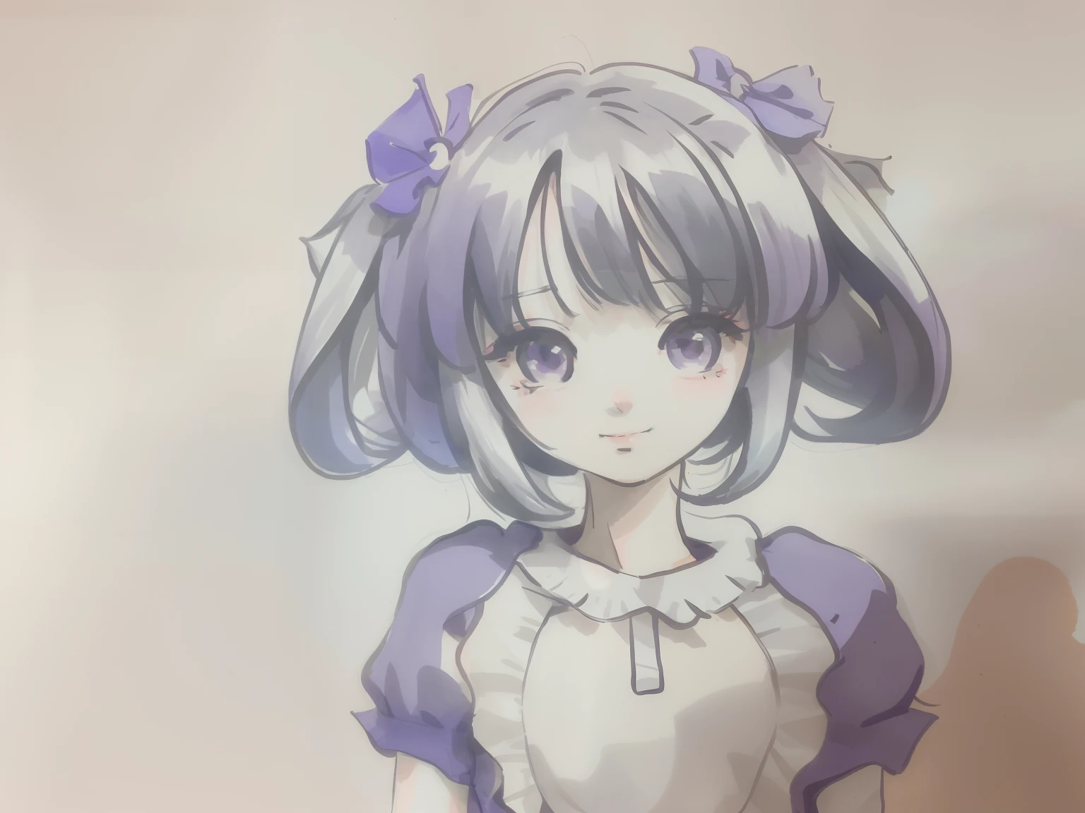 There is a painting,The painting is of a girl with long hair and a dress, small curvaceous , flat anime style shading, water color nendoroid, anime sketch, colored sketch anime manga panel, anime shading), small lolil, anime shading, Soft anime illustration, Anime style portrait, ink and ballpoint, Portrait of an anime girl , Anime Paintings,Purple flower fields in the background
