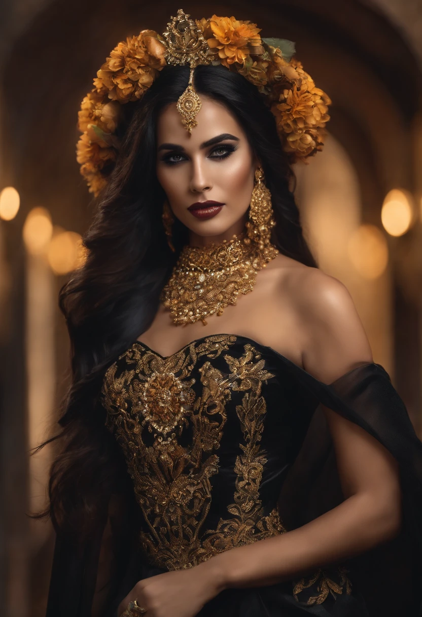 Uma linda mulher com rosto  de caveira, usando um lindo vestindo um lindo vestido preto com capuz, . Toda adornada de dourado