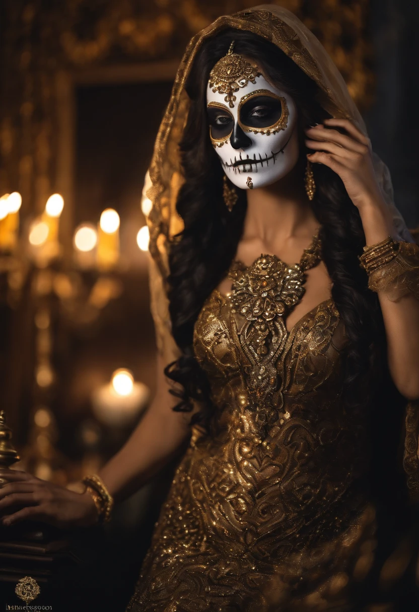 a beautiful woman, santa muerte, extremely detailed, masterpiece, 8k, photorealistic, cinematic lighting, dark fantasy, dramatic, chiaroscuro, moody, gothic, intricate details, porcelain skin, piercing eyes, flowing hair, ornate jewelry, flowing dress, dramatic pose, dark background, dramatic lighting, muted color palette, dramatic shadows, immersive background