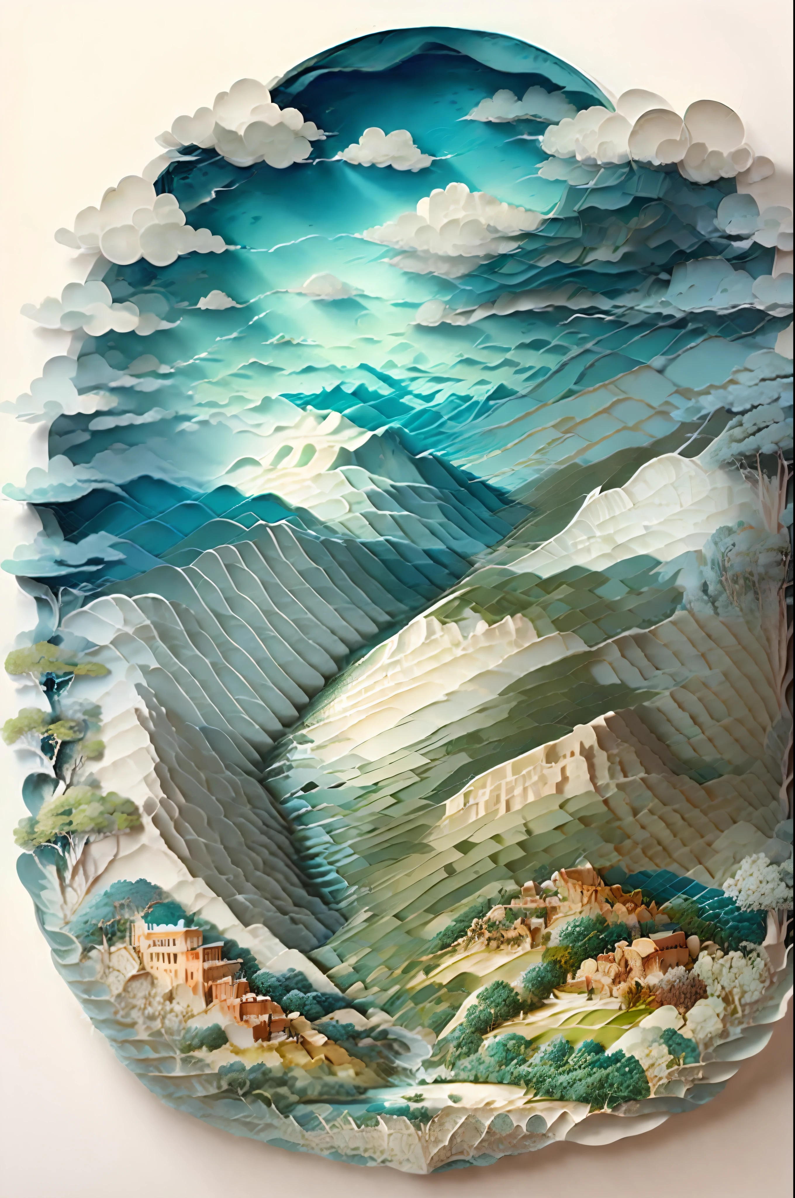 In the spring,with blue sky and white clouds,Green Mountains and Green Water,Thousands of miles of rivers and mountains,White background,paper art,a 3D render,extremely detaile, (zentangle:1.2), (geomerty:1.2),Cinematic lighting effects,4K,Masterpiece,offcial art