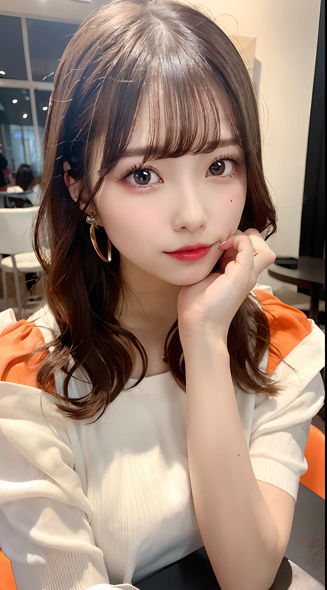 8K RAW Photos、High resolution、breast enhancement、Abdominal muscles、Ribbed、Black-haired、Beautiful at 22 years old Japan、Round face、very small lips、Round big、valley、Beautifully drawn eyes in every detail、Long eyelashes、Beautiful double eyelids、Three white eyes、Duck mouth、Blunt bangs、Bowl Cut、Earrings、necklace、Random facial expressions、White dress shirt, Upper Body,, (Navy Pleated Skirt:1.1), Thighs Thighs Thighs Thighs, Short sleeve, in the train, sit on bench seat, (Dark red tie:1.1)
