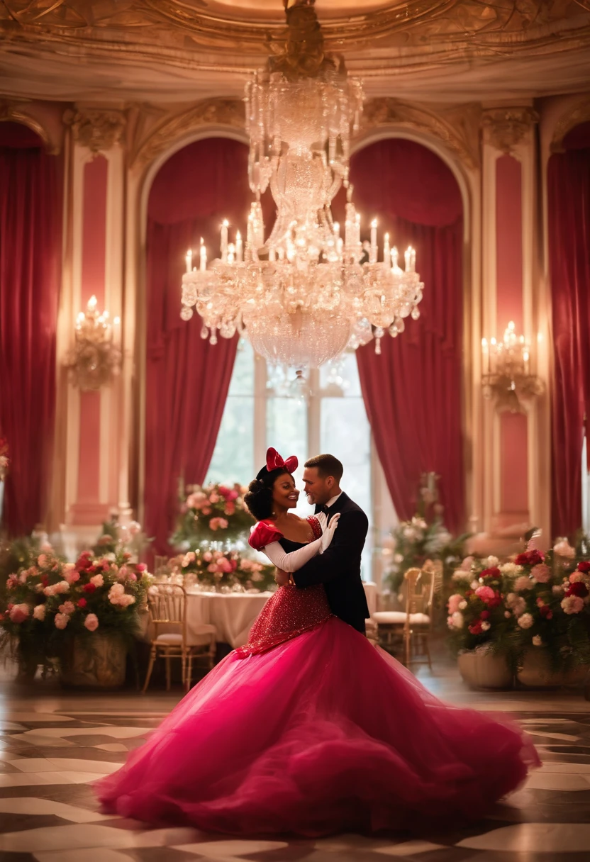 Por favor, create an enchanting scene with Mickey Mouse and Minnie Mouse at a lavish dinner party inside an epic palace. The room is illuminated by a pink crystal chandelier providing an elegant and romantic atmosphere at dusk, The scene is depicted in an art style reminiscent of a fairy tale, with additional elements that include live music in the background. Mickey Mouse lovingly hands Minnie Mouse a beautiful bouquet of red roses and makes a special marriage proposal. Capturing the emotion and love in this moment is essential. The scene should reflect the couple's joy and affection in this memorable moment."
