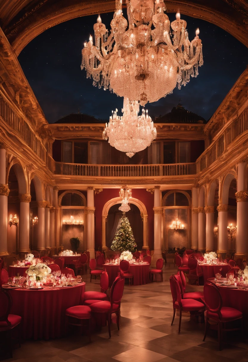 Por favor, create an enchanting scene with Mickey Mouse and Minnie Mouse at a lavish dinner party inside an epic palace. The room is illuminated by a pink crystal chandelier providing an elegant and romantic atmosphere at dusk, The scene is depicted in an art style reminiscent of a fairy tale, with additional elements that include live music in the background. Mickey Mouse lovingly hands Minnie Mouse a beautiful bouquet of red roses and makes a special marriage proposal. Capturing the emotion and love in this moment is essential. The scene should reflect the couple's joy and affection in this memorable moment."