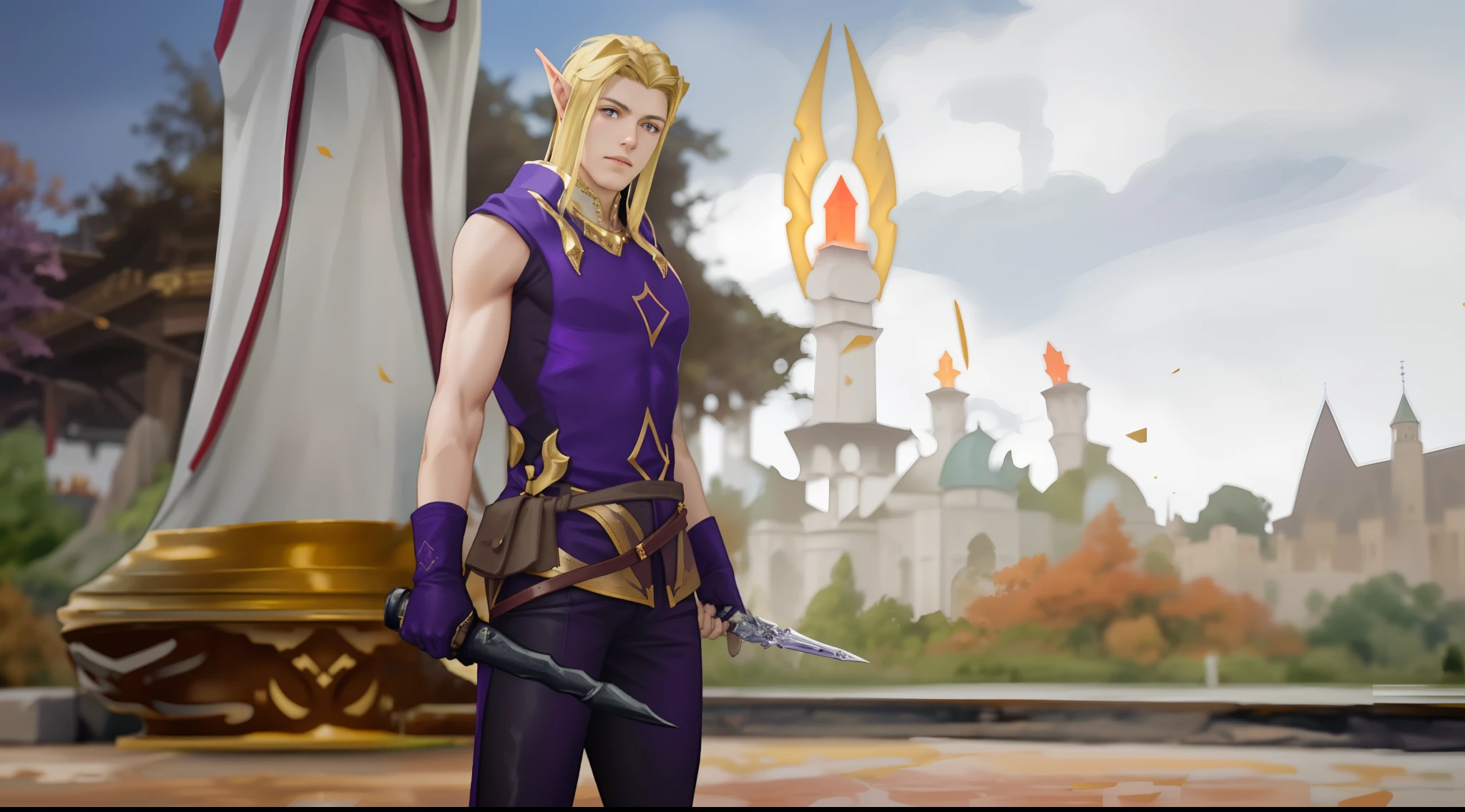 Anime male character with elven characteristics, destacando orejas puntiagudas y cabello rubio que cae hasta los hombros en un estilo ligeramente despeinado. His face shows a serious and confident expression, y sus ojos son de un vibrante color verde esmeralda.
She wears a dark purple outfit, which consists of a sleeveless tunic with geometric patterns in the shape of golden diamonds. He wears a brown crossover leather belt on his torso, con detalles intrincados y bolsillos. Her outfit is complemented by purple gloves that cover up to her forearms.
En su mano derecha sostiene una daga de hoja plateada, with a cross-shaped guard and a black hilt.
The background shows an open-air stage with elevated architectural structures, que parecen ser torres o monumentos. Estas estructuras tienen puntas con formas de llamas hechas de un material cristalino que emite un resplandor anaranjado y rojizo. You can also see a kind of golden pedestal with reddish details in the foreground on the left. The scenery is complete with autumn trees and a clear sky with a few clouds