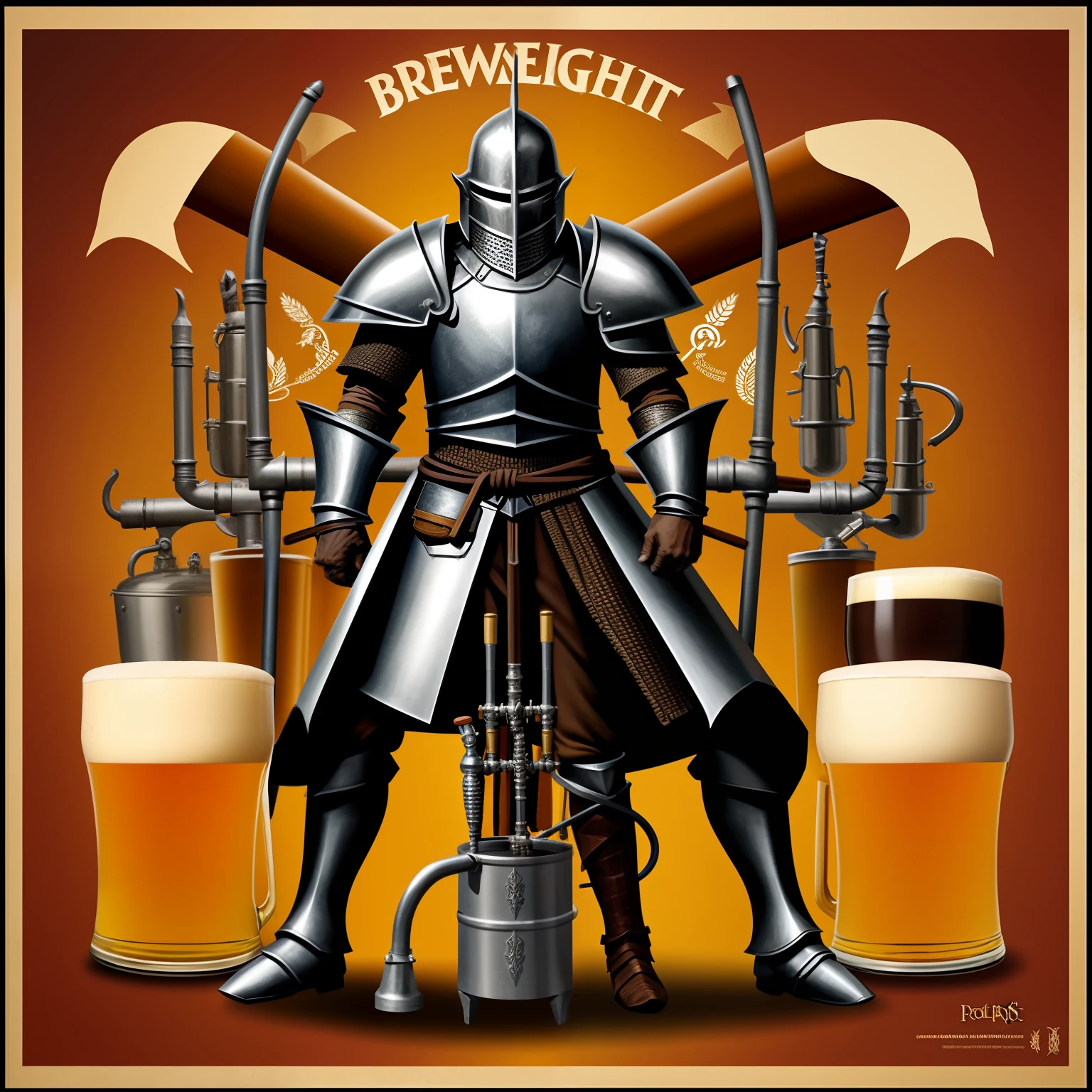 Poster of a LotR style knight, in full armor, holding a lot of modern beer brewing equipment