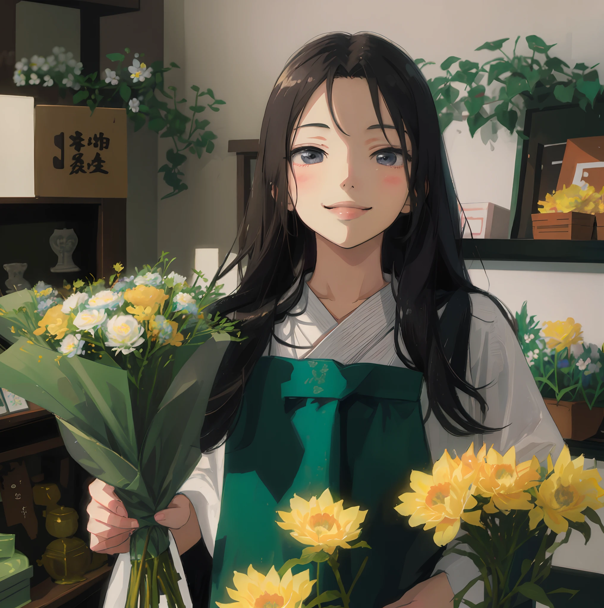 there is a cute anime girl holding a bouquet of flowers in a room,  attractive girl, cute woman, young asian girl, holding flowers, traditional art, flower shop scene, indoor, with flower, medium portrait, carrying flowers, smiling cutely at the viewer