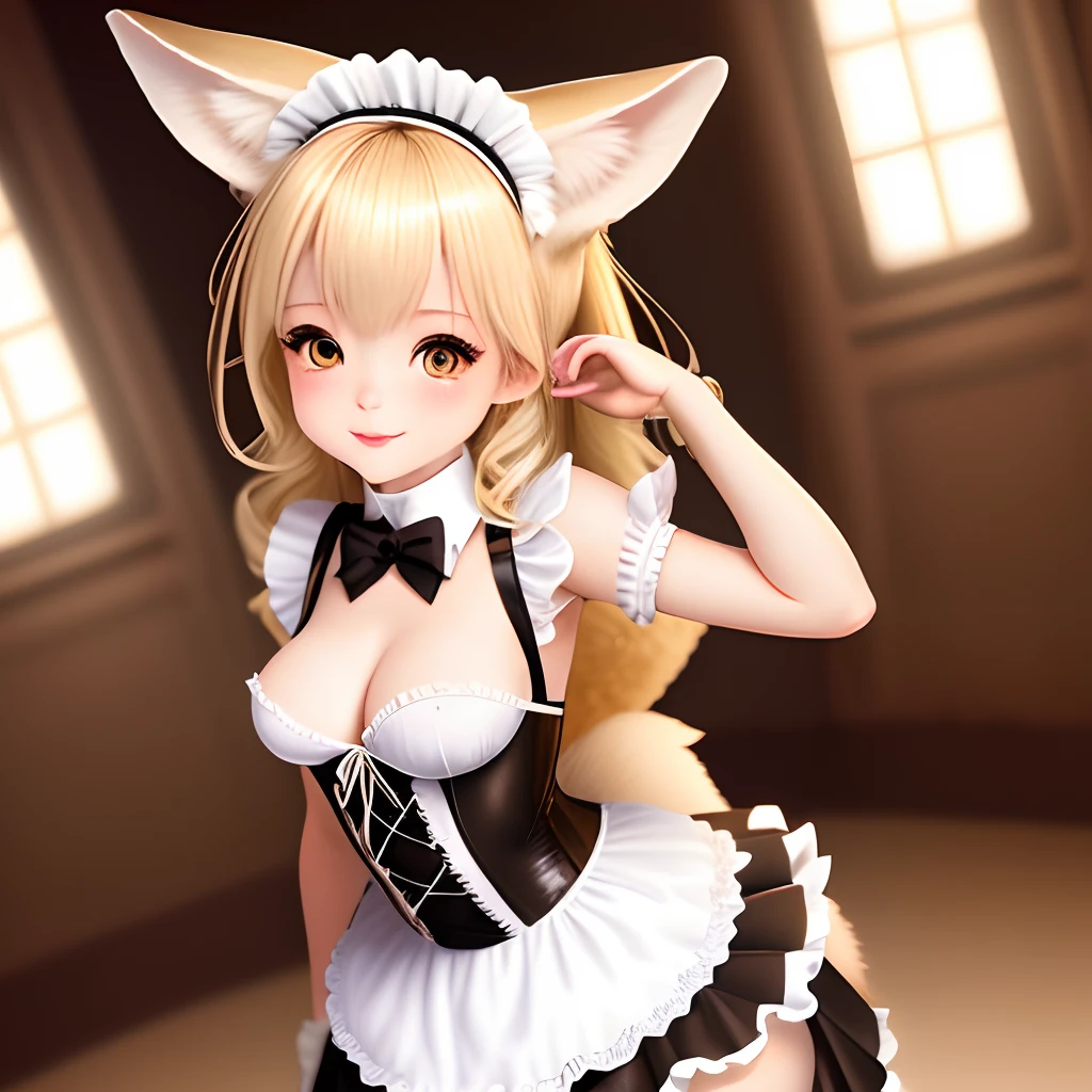 Fennec girl with sandy blonde hair and small breasts dressed in a sexy maid outfit in the style of PersonalAmi