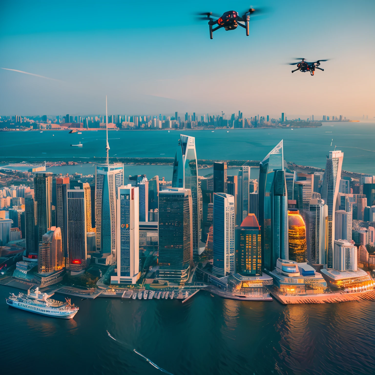 Sea view hill Drones and automatic public ships come and go Near Future City