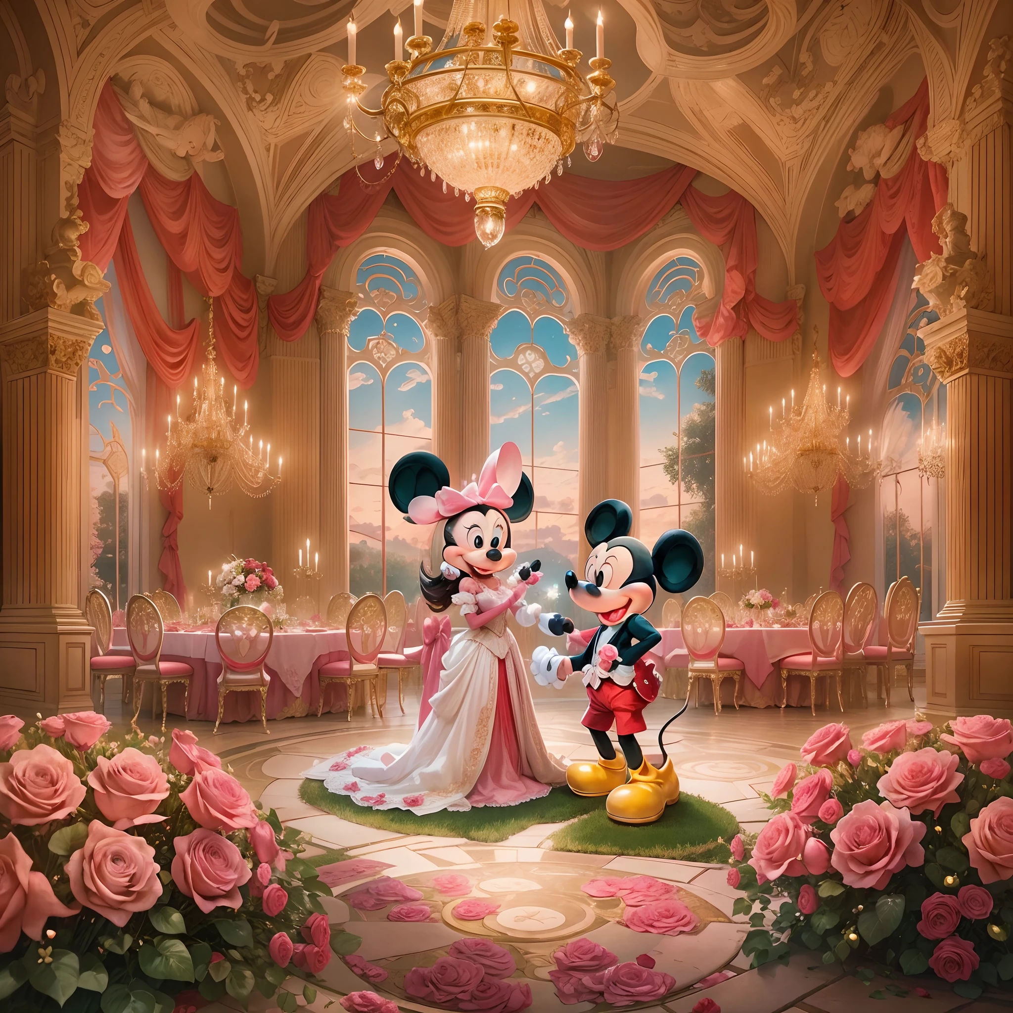 Por favor, Create an enchanting scene with Mickey Mouse and Minnie Mouse at a lavish dinner party inside an epic palace. The room is illuminated by a pink crystal chandelier providing an elegant and romantic atmosphere at dusk, The scene is depicted in an art style reminiscent of a fairy tale, with additional elements that include live music in the background. Mickey Mouse lovingly hands Minnie Mouse a beautiful bouquet of red roses and makes a special marriage proposal. Capturing the emotion and love in that moment is essential. The scene should reflect the couple's joy and affection in this memorable moment."