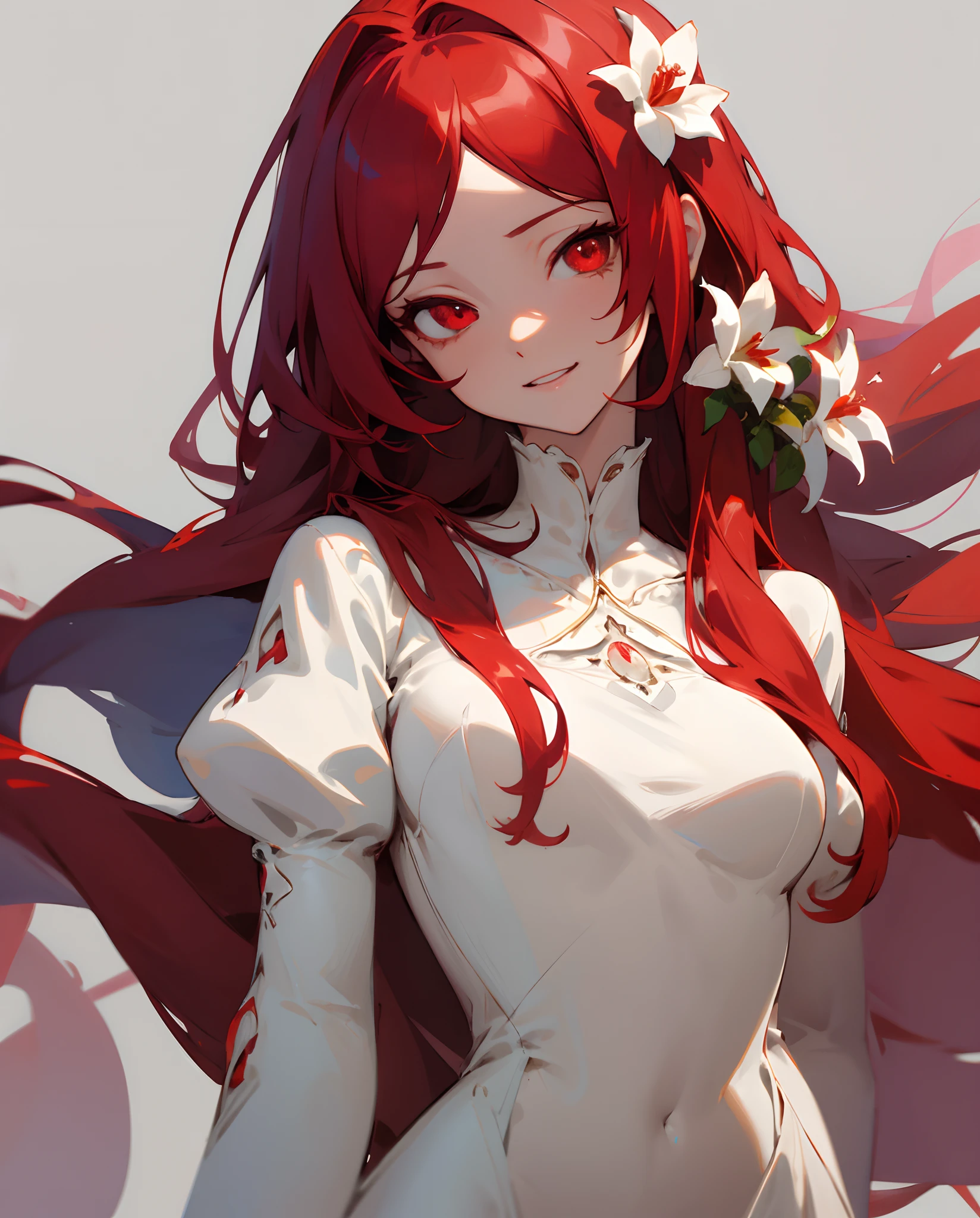 (Obra de arte),(melhor qualidade:1.0), (ultra high resolution:1.0), detailed illustration, 8K, anime, 1 garota, linda garota de anime, usando um vestido vermelho, coroa de flores, cara bonita, rosto detalhado, olhos lindos, olhos detalhados, olhos vermelhos escuros, bright red lips, batom vermelho, cabelo lindo e estiloso, mechas no cabelo, franja estilo anime, melhor qualidade, vibrante, (((head up with an air of grandeur)))