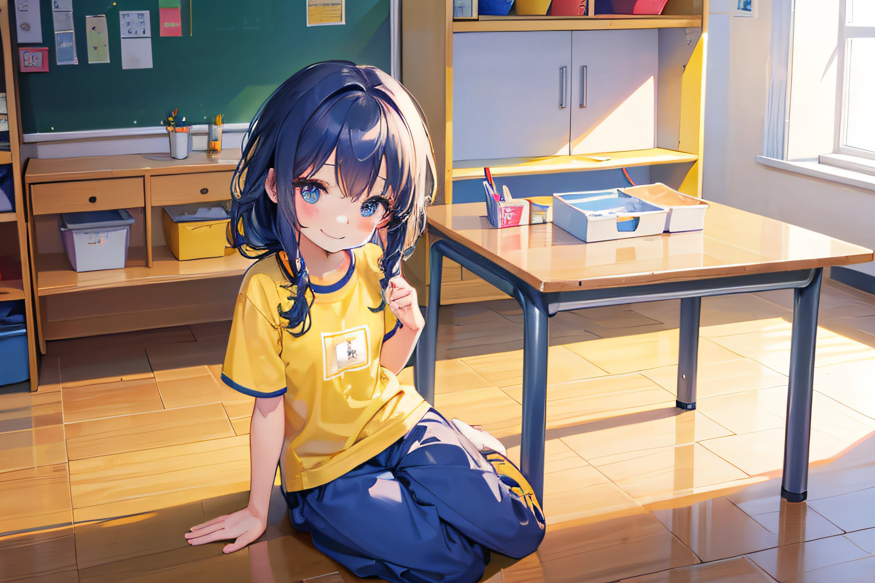 Una feliz, Cute little smiling 5 year old girl, noruega, in school uniform with yellow T-shirt and blue long pants, in a kindergarten school room in Norway