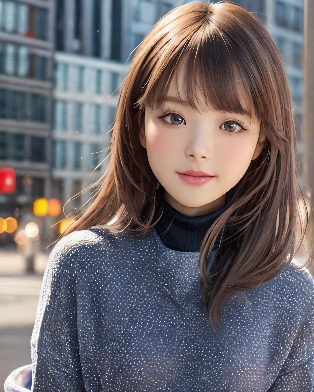 pureerosface_v1, best quality, photorealistic, 8k, high res, 1girl, woman, (skindentation), (portrait:0.6), ((cityscapebackground:2)) , ((smallsize round breast, highneck sweater:1.7)), straight-looking at viewer:1.8, (1girl eyes looking at viewer:1.45, medium-length hair, blackhair, partedbangs:1.45), photorealistic, (bokeh),