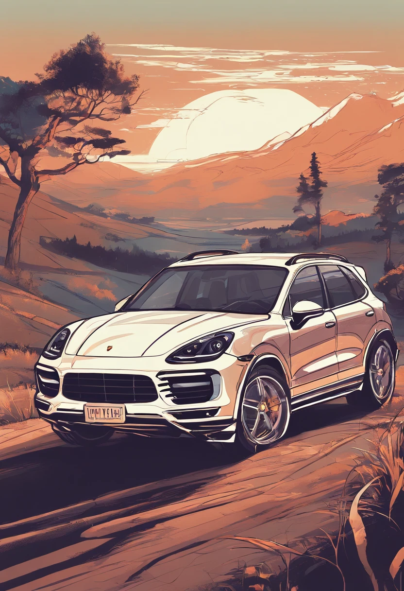 T-shirt design, genshin impact graphic, vector, a Porsche Cayenne with a scenic landscape in the background, detailed illustration, and retro style