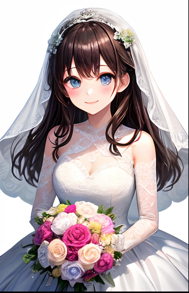 girl with、No background、without background、Background through、black-brown hair、Aimei、Blue eyes、plait、Bouquet of flowers、florals、Have a bouquet、wedding dress、bride、Bride appearance、White Prom Dresses、florals、A smile、kawaii、