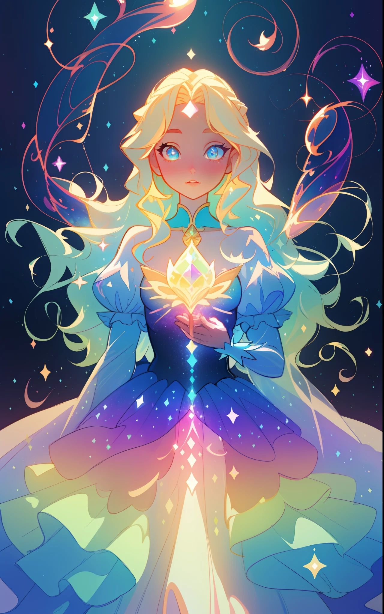 beautiful girl, puffy tiered rainbow ballgown, princess, intricate dress design, (colorful), long wavy hair, magical lights, sparkling magical liquid, inspired by Glen Keane, inspired by Lois van Baarle, disney art style, by Lois van Baarle, glowing aura around her, by Glen Keane, jen bartel, glowing lights! digital painting, flowing glowing hair, glowing flowing hair, beautiful digital illustration, fantasia background, whimsical, magical, fantasy, ((masterpiece, best quality)), intricate details, highly detailed, sharp focus, 8k resolution, sparkling detailed eyes, liquid watercolor