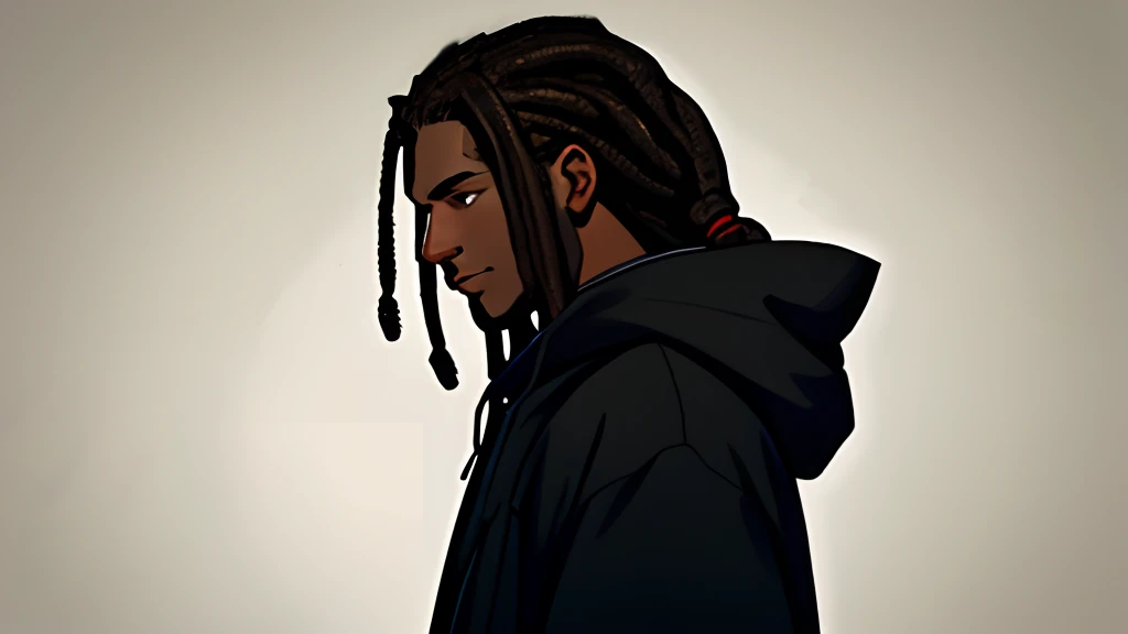 Solo, 1boy, dark brown dreadlocks hair, dark skin, hood, black coat