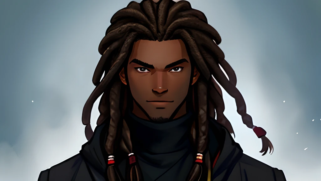 Solo, 1boy, dark brown dreadlocks hair, dark skin, hood, black coat