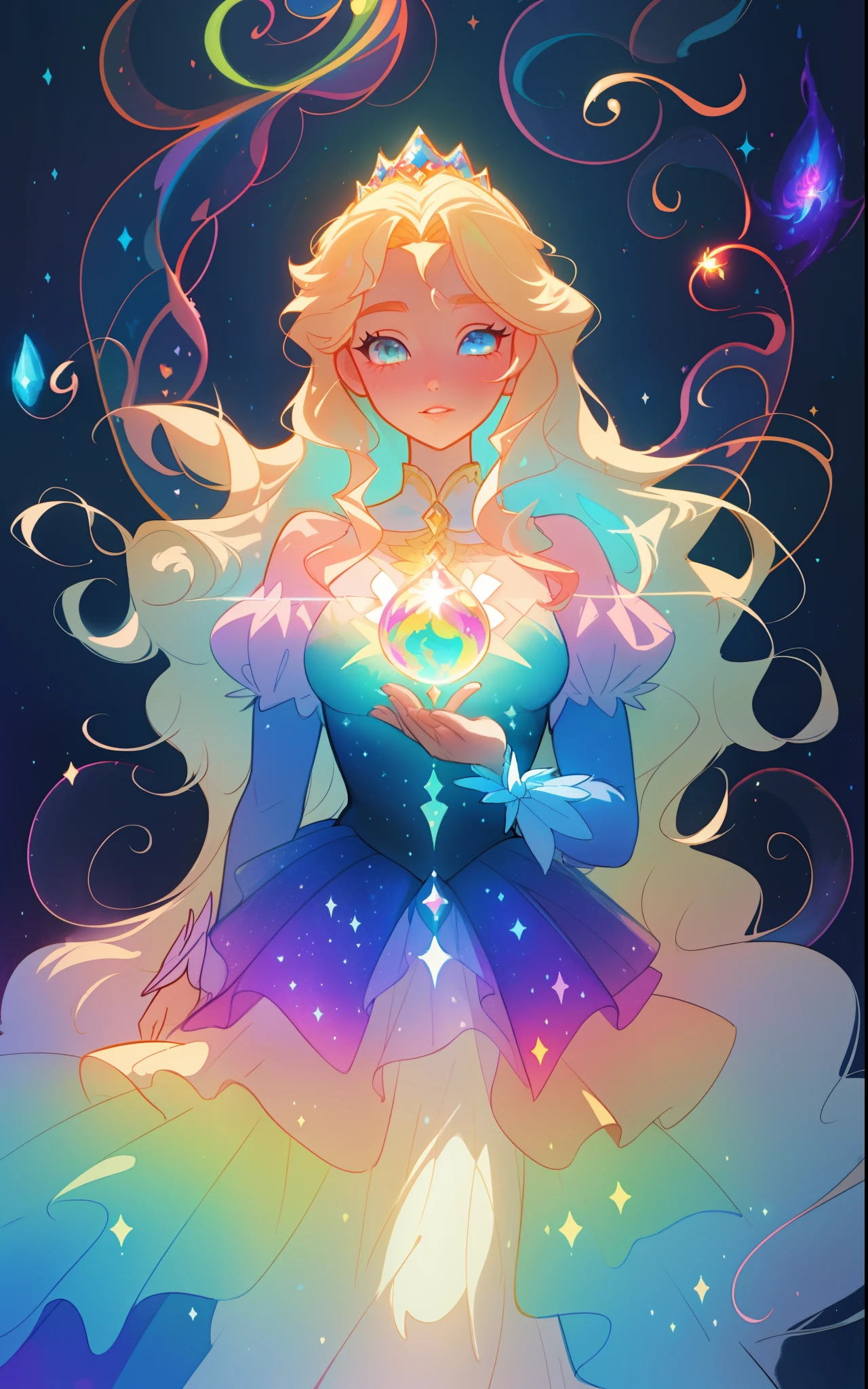 beautiful girl, puffy tiered rainbow ballgown, princess, intricate dress design, (colorful), long wavy hair, magical lights, sparkling magical liquid, inspired by Glen Keane, inspired by Lois van Baarle, disney art style, by Lois van Baarle, glowing aura around her, by Glen Keane, jen bartel, glowing lights! digital painting, flowing glowing hair, glowing flowing hair, beautiful digital illustration, fantasia background, whimsical, magical, fantasy, ((masterpiece, best quality)), intricate details, highly detailed, sharp focus, 8k resolution, sparkling detailed eyes, liquid watercolor