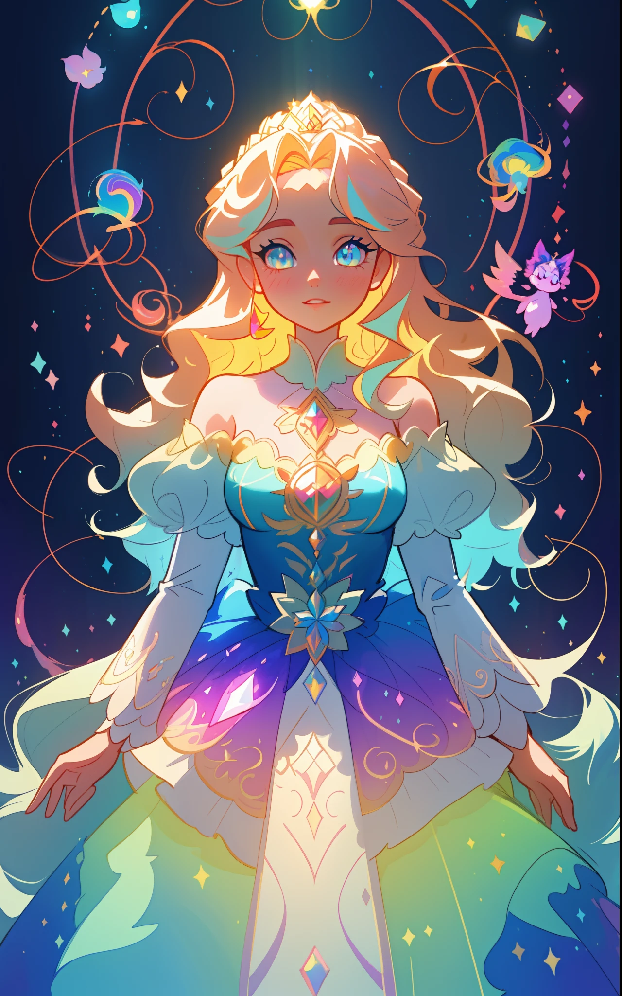 beautiful girl, puffy tiered rainbow ballgown, princess, intricate dress design, (colorful), long wavy hair, magical lights, sparkling magical liquid, inspired by Glen Keane, inspired by Lois van Baarle, disney art style, by Lois van Baarle, glowing aura around her, by Glen Keane, jen bartel, glowing lights! digital painting, flowing glowing hair, glowing flowing hair, beautiful digital illustration, fantasia background, whimsical, magical, fantasy, ((masterpiece, best quality)), intricate details, highly detailed, sharp focus, 8k resolution, sparkling detailed eyes, liquid watercolor