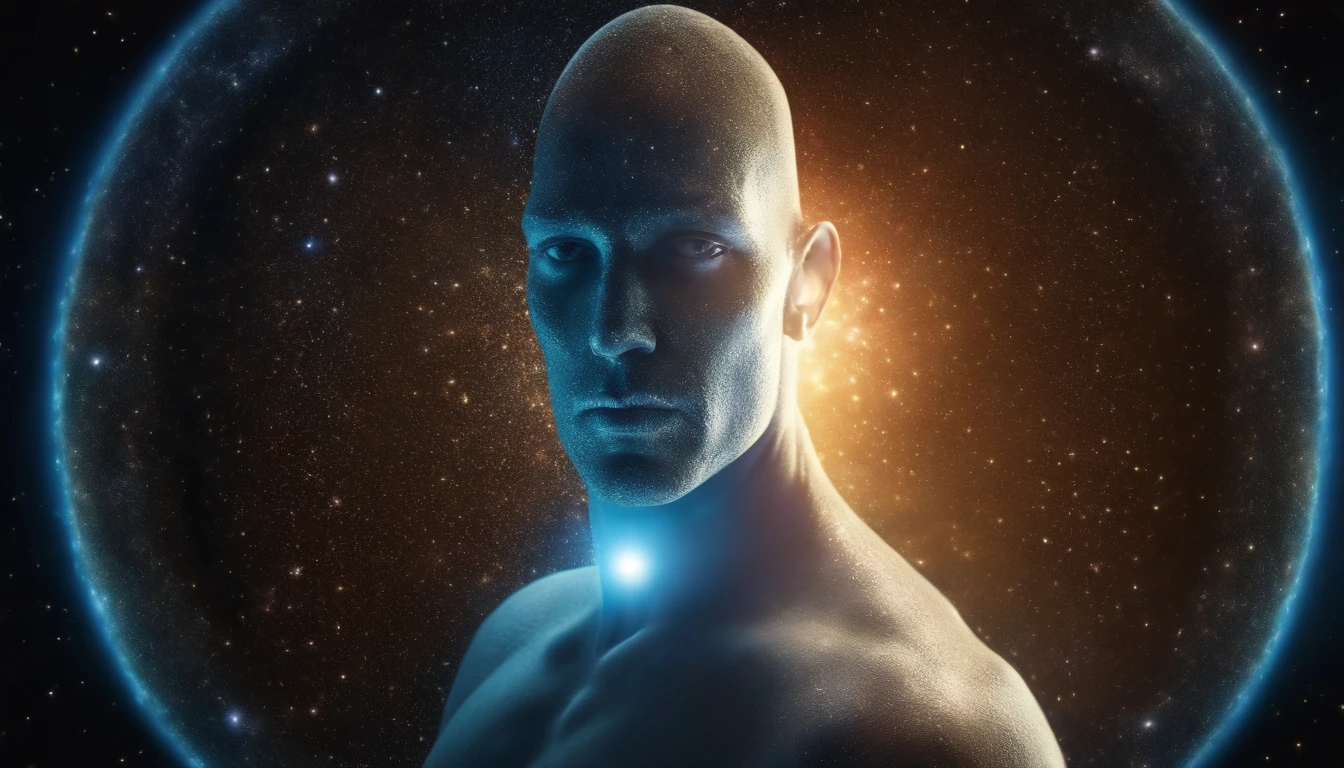 Face of mystical man, being of light, in the middle of the universe, astral body, with aura around, 4k