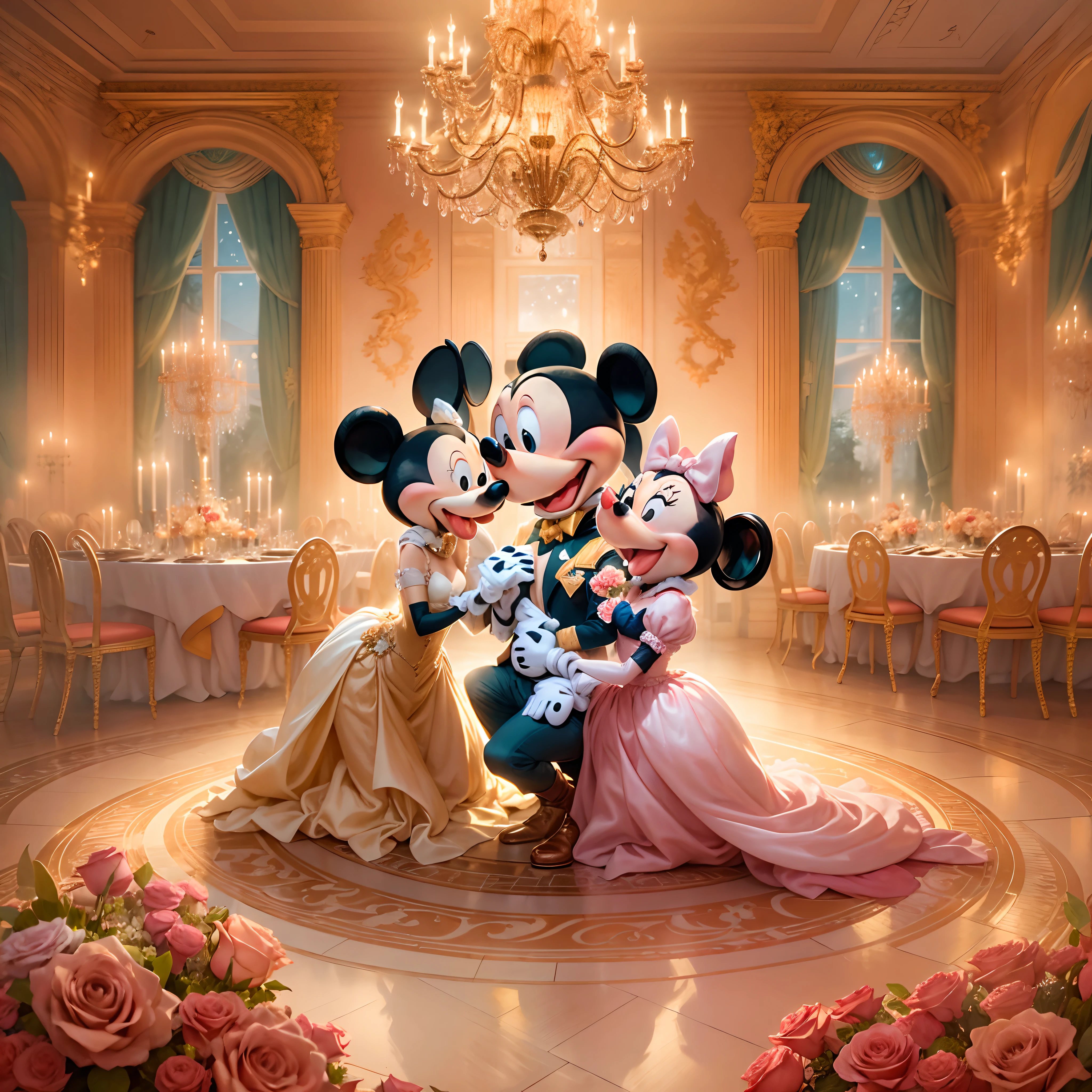 Por favor, create an enchanting scene with Mickey Mouse and Minnie Mouse at a lavish dinner party inside an epic palace. The room is illuminated by a pink crystal chandelier providing an elegant and romantic atmosphere at dusk, The scene is depicted in an art style reminiscent of a fairy tale, with additional elements that include live music in the background. Mickey Mouse lovingly hands Minnie Mouse a beautiful bouquet of red roses and makes a special marriage proposal. Capturing the emotion and love in this moment is essential. The scene should reflect the couple's joy and affection in this memorable moment."
