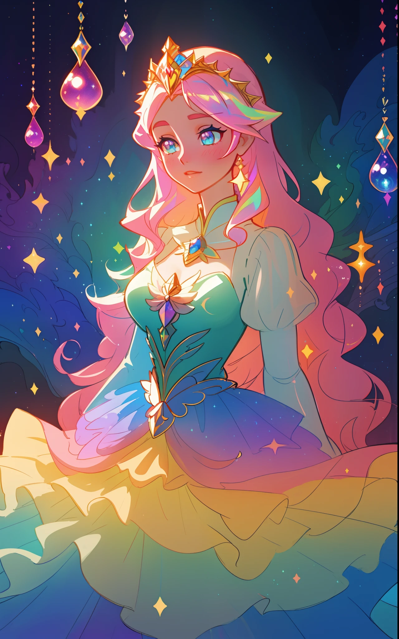 beautiful girl, puffy tiered rainbow ballgown, princess, intricate dress design, (colorful), long wavy hair, magical lights, sparkling magical liquid, inspired by Glen Keane, inspired by Lois van Baarle, disney art style, by Lois van Baarle, glowing aura around her, by Glen Keane, jen bartel, glowing lights! digital painting, flowing glowing hair, glowing flowing hair, beautiful digital illustration, fantasia background, whimsical, magical, fantasy, ((masterpiece, best quality)), intricate details, highly detailed, sharp focus, 8k resolution, sparkling detailed eyes, liquid watercolor