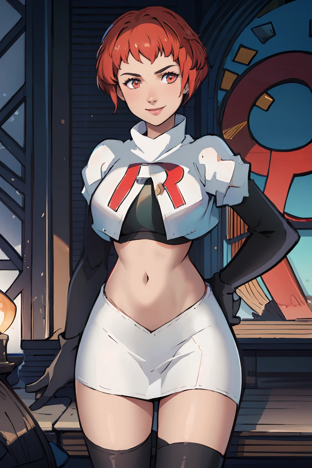 leonie pinelli, short hair, team rocket uniform, red letter R, white skirt,white crop top,black thigh-highs,black elbow gloves, confident smile