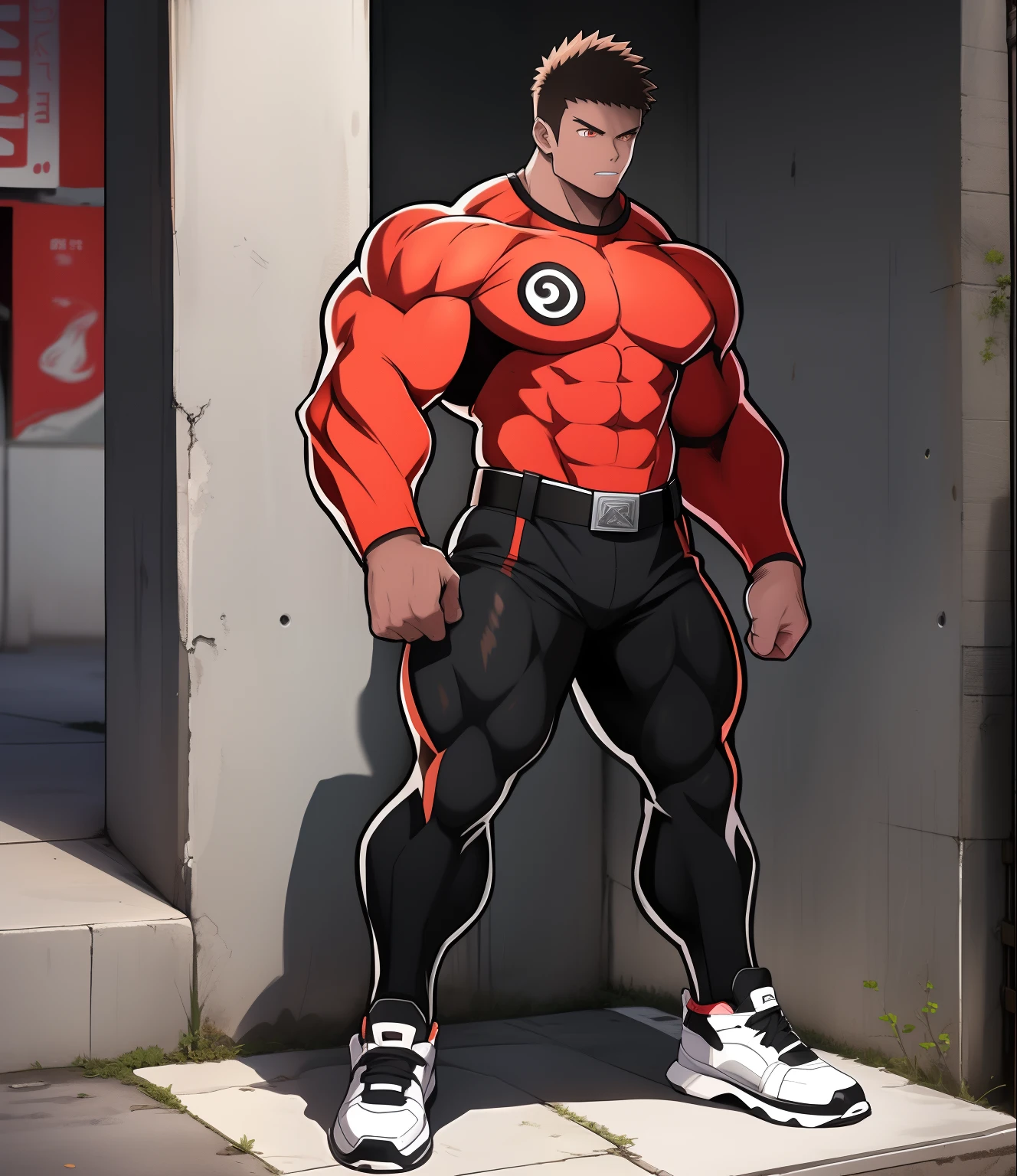Anime art style, Full body image, The angle of the image should be frontal and full-length (((Frente.))) Extremely muscular and tall character, with bodywork, The character has very short hair with dark red bangs, He has orange eyes, he wears a long-sleeved latex shirt, He wears a belt and black pants, and with a white sneaker. The character must be in a city full of buildings around him. The character is strong and determined, and has a lot of mass. muscular!!!!!