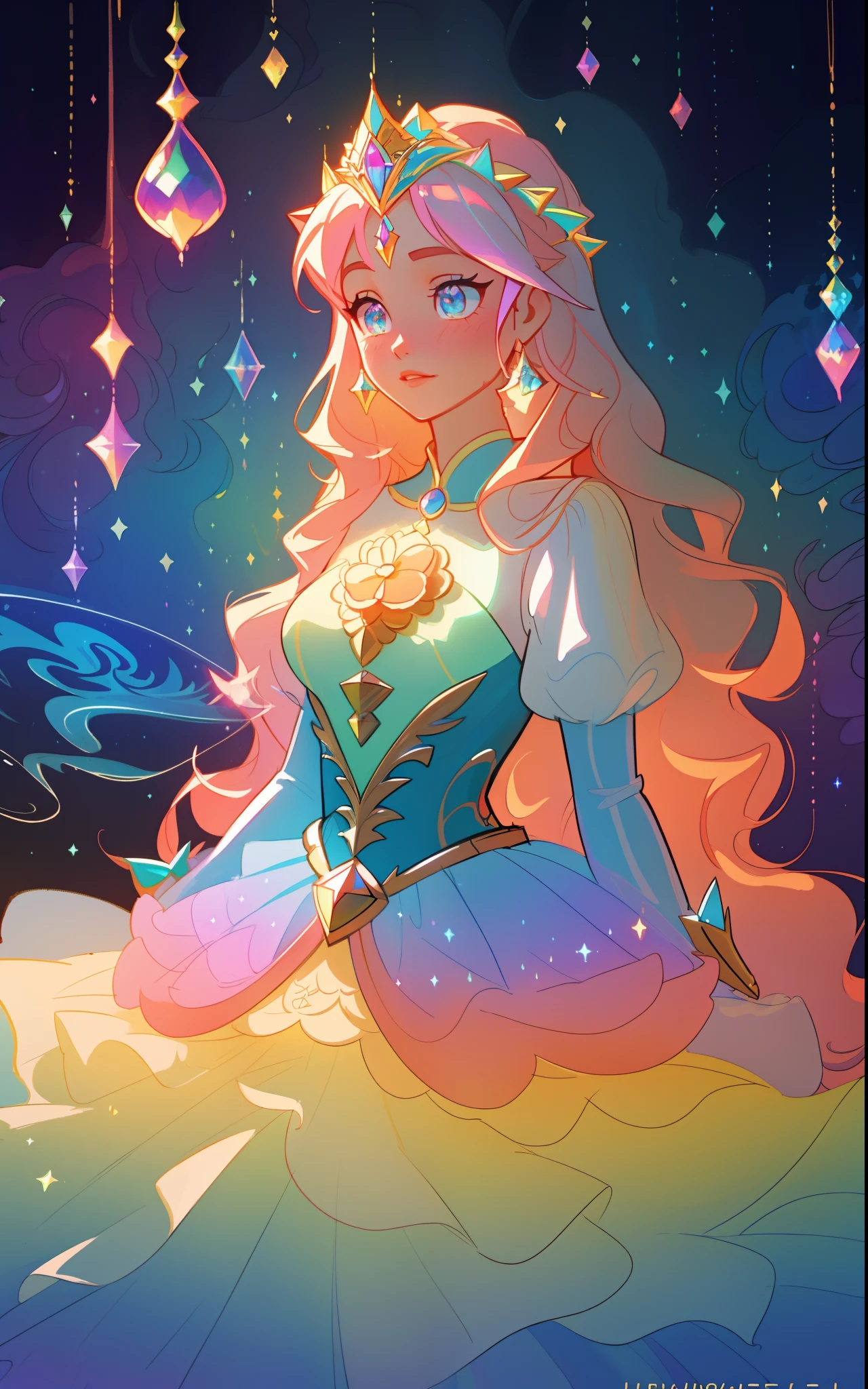 beautiful girl, puffy tiered rainbow ballgown, princess, intricate dress design, (colorful), long wavy hair, magical lights, sparkling magical liquid, inspired by Glen Keane, inspired by Lois van Baarle, disney art style, by Lois van Baarle, glowing aura around her, by Glen Keane, jen bartel, glowing lights! digital painting, flowing glowing hair, glowing flowing hair, beautiful digital illustration, fantasia background, whimsical, magical, fantasy, ((masterpiece, best quality)), intricate details, highly detailed, sharp focus, 8k resolution, sparkling detailed eyes, liquid watercolor