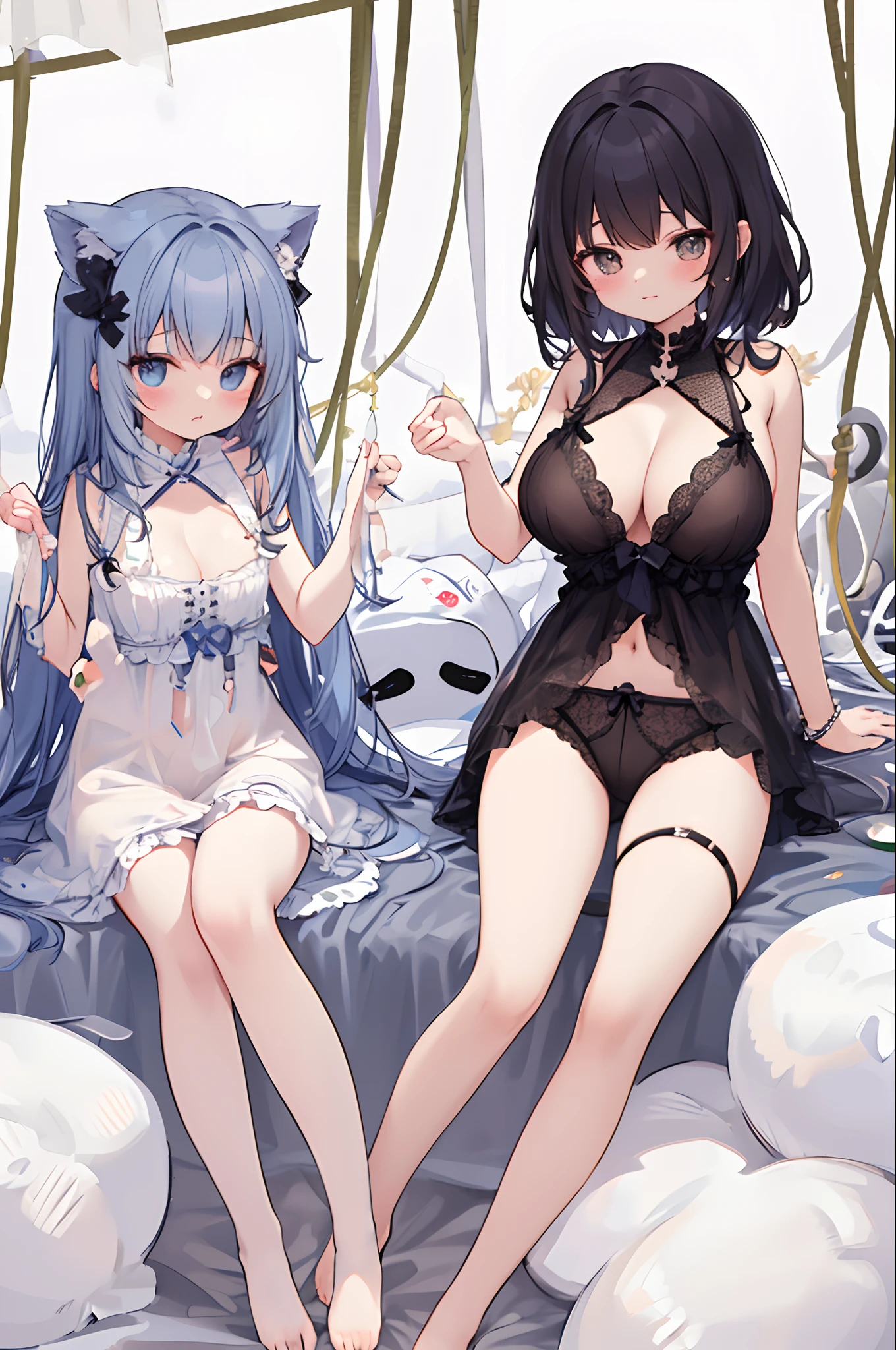 (tmasterpiece), best qualtiy, detailedbackground, cinmatic lighting, naturey, Rest 2 girls,(splits legs) 独奏, adolable, shift dresses, looking at viewert,(huge tit),((cleavage)),(Pubic bone),(Cute lingerie panties),((twincest))