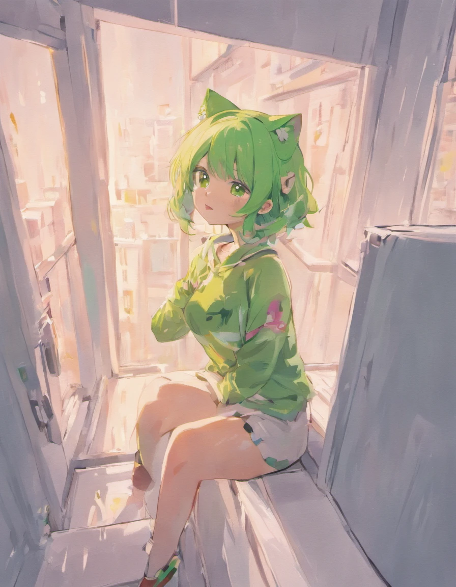 A girl with pink hair and green eyes, with dog ears. Sitting in a white room, anime art style