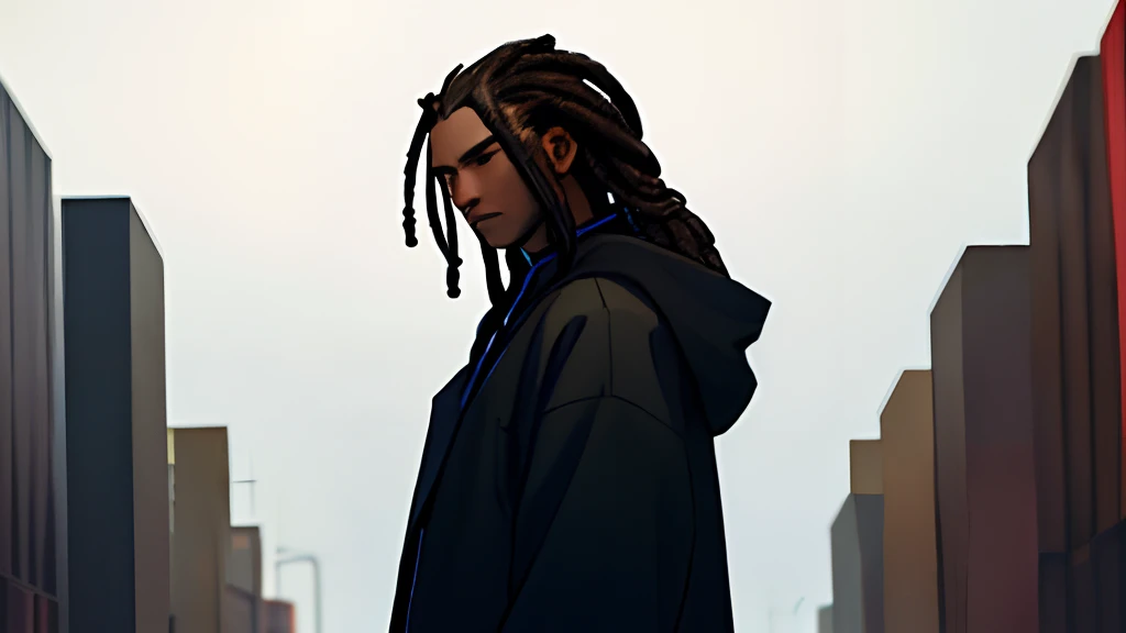 Solo, 1boy, dark brown dreadlocks hair, dark skin, hood, black coat