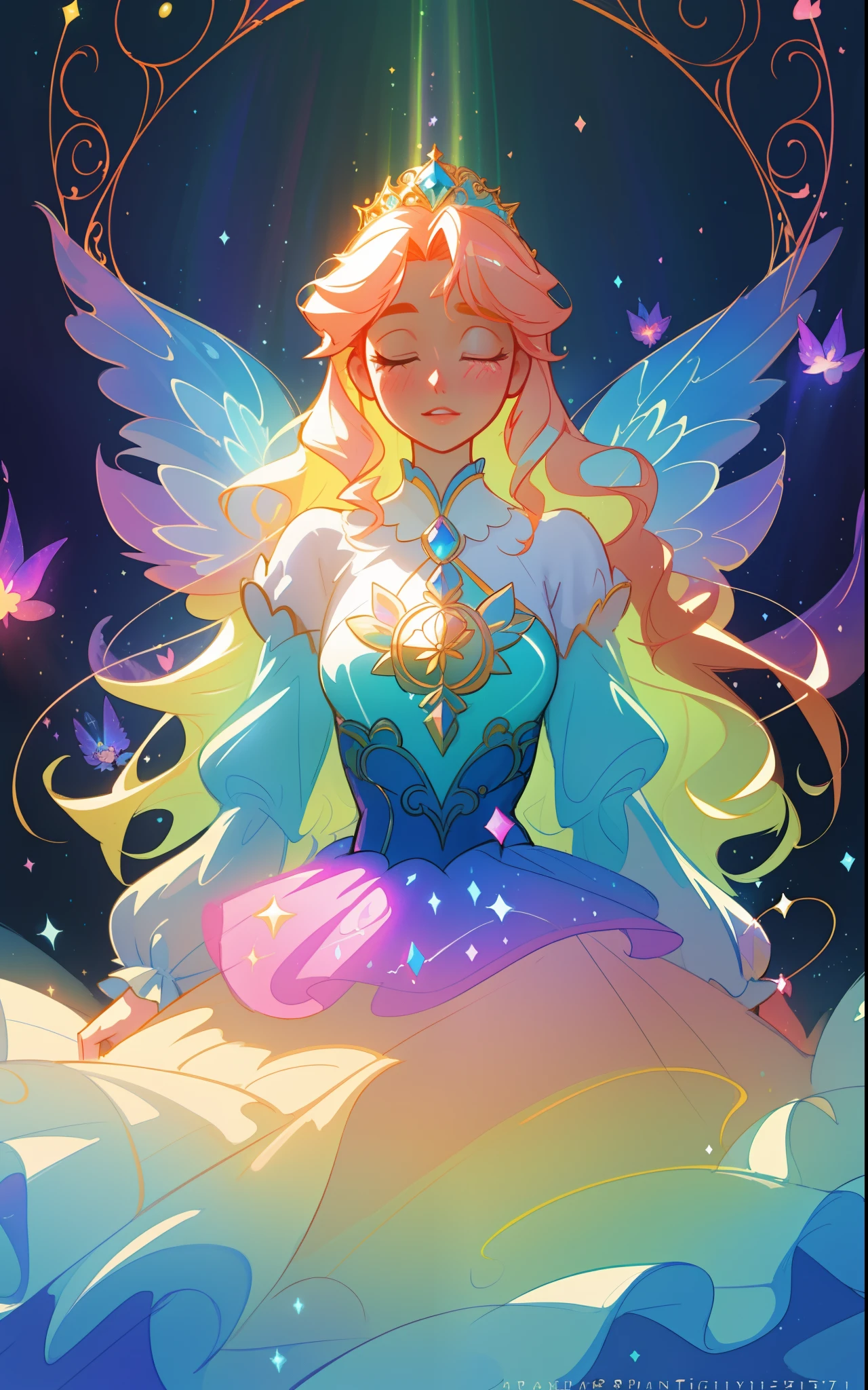 beautiful girl, puffy tiered rainbow ballgown, princess, intricate dress design, (colorful), long wavy hair, magical lights, sparkling magical liquid, inspired by Glen Keane, inspired by Lois van Baarle, disney art style, by Lois van Baarle, glowing aura around her, by Glen Keane, jen bartel, glowing lights! digital painting, flowing glowing hair, glowing flowing hair, beautiful digital illustration, fantasia background, whimsical, magical, fantasy, ((masterpiece, best quality)), intricate details, highly detailed, sharp focus, 8k resolution, sparkling detailed eyes, liquid watercolor