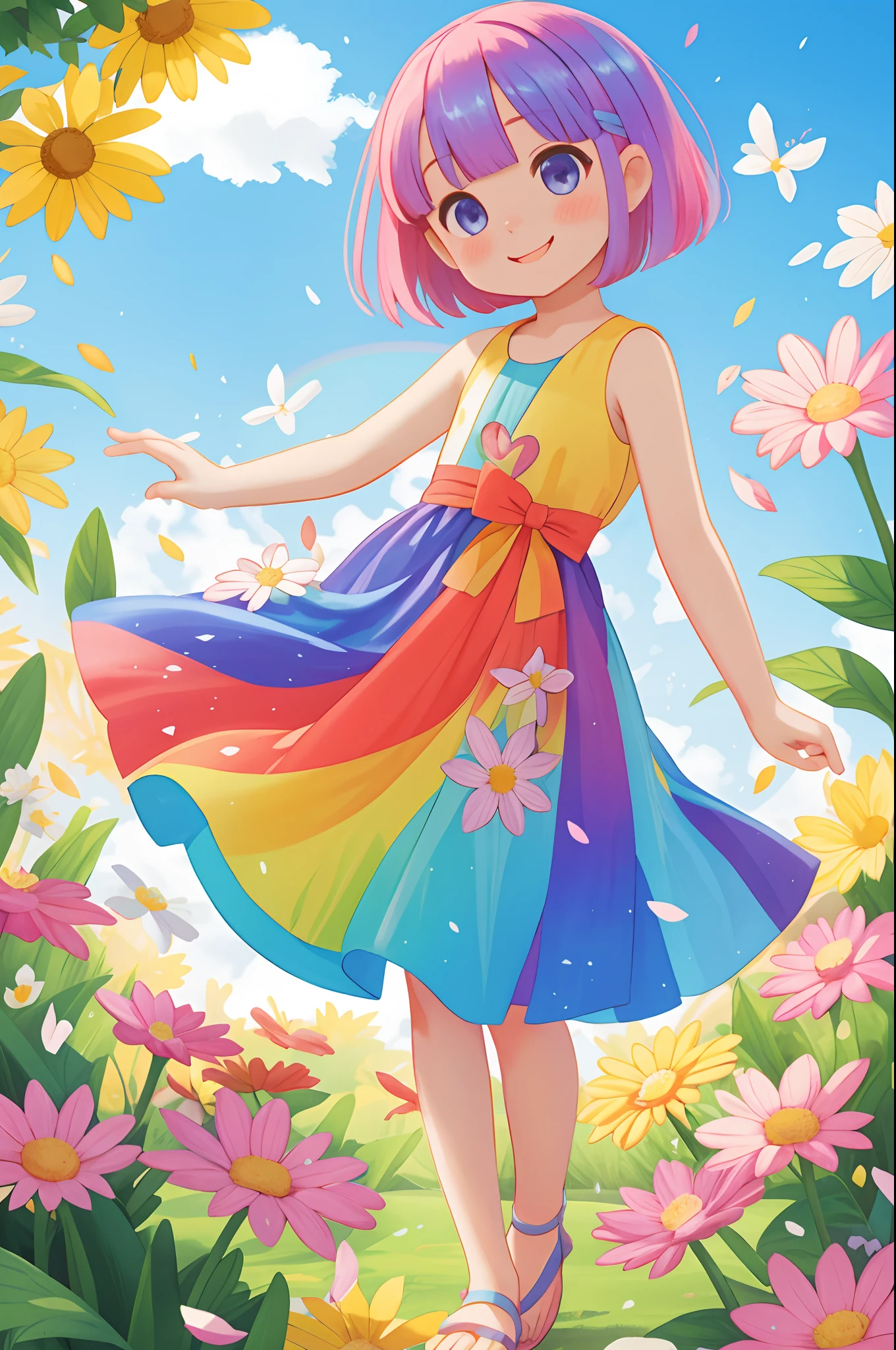 Stand in front of the photo、1girl in,Full body, a short bob、Sleeveless、rainbow color Hair,Colorful flip flops,A slight smil、kawaii pose、Flowing iridescent silk、up of face、Eye Up、Colorcon with heart pattern、Floral dress、There are flowers even in front of you、flower petals、season!!: 夏天☀ 🍂