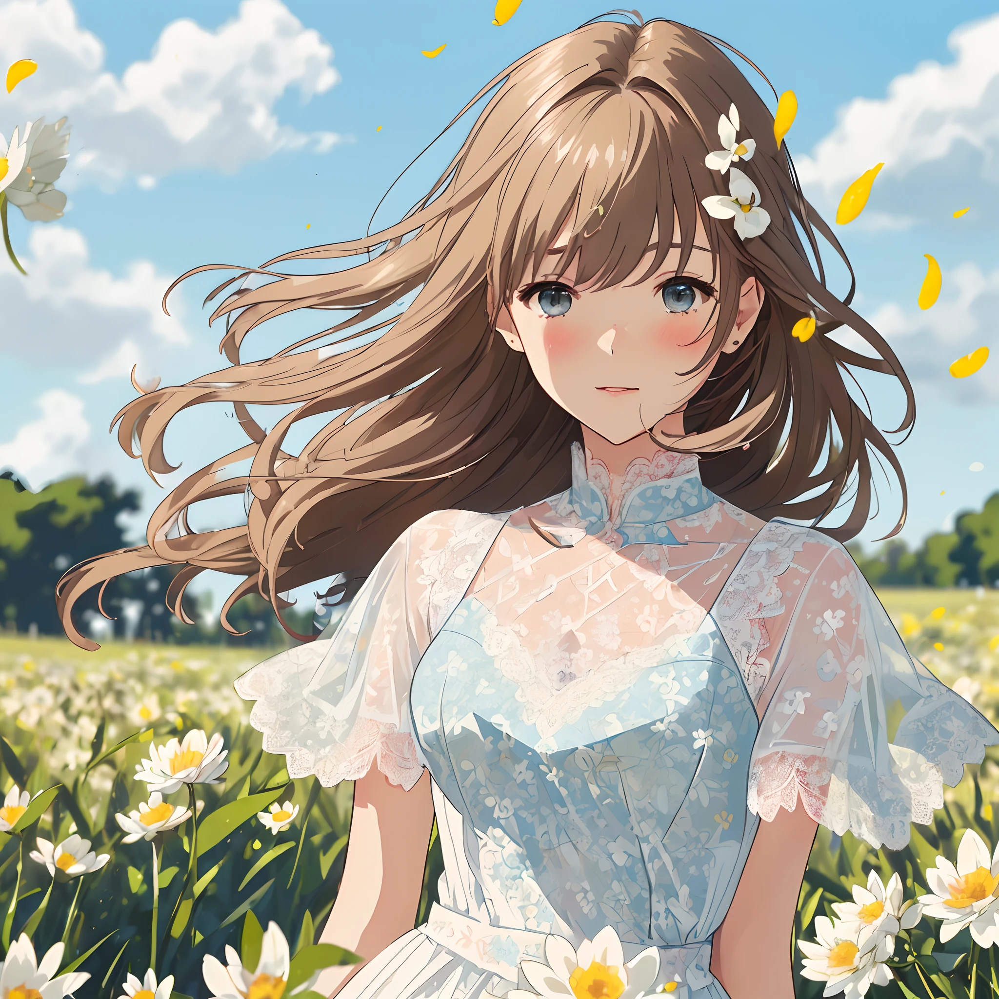top-quality、masterpiece、(1 adult female:1.3)、(Soft bust:1.2)、natural(huge tit)、slender、(View landscape:1.1)、Seen from the side、(Kamimei)、(thin and simple white lace dress:1.2)、Brown hair、(Hair is tied back)、(Hair fluttering in the wind:1.3)、Dark blue eyes、(Highlights in the eyes)、(Look at viewers:1.2)、de pele branca、red blush、A slight smil、(blue-sky:1.3)、Grassland、(Avoid the background around the upper body:1.3)、(Blur the background a lot to make the woman stand out:1.3)、beautiful lemon-colored flowers、diffuse sunlight