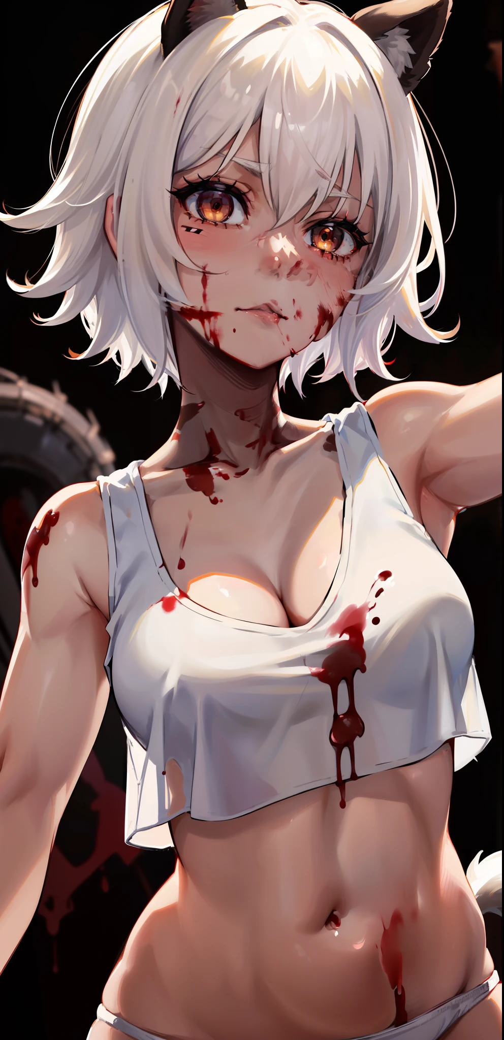 masterpiece, best quality, highres, 1girl, solo, animal ears, white hair, short hair, brown eyes, tail, medium breasts, navel, white panties, cropped tank top, cleavage, (((upper body, 360 view))), standing, ((blood on face)), blood on hand, (murderer),  close-up, perfect anatomy,  dark theme, (torture room).