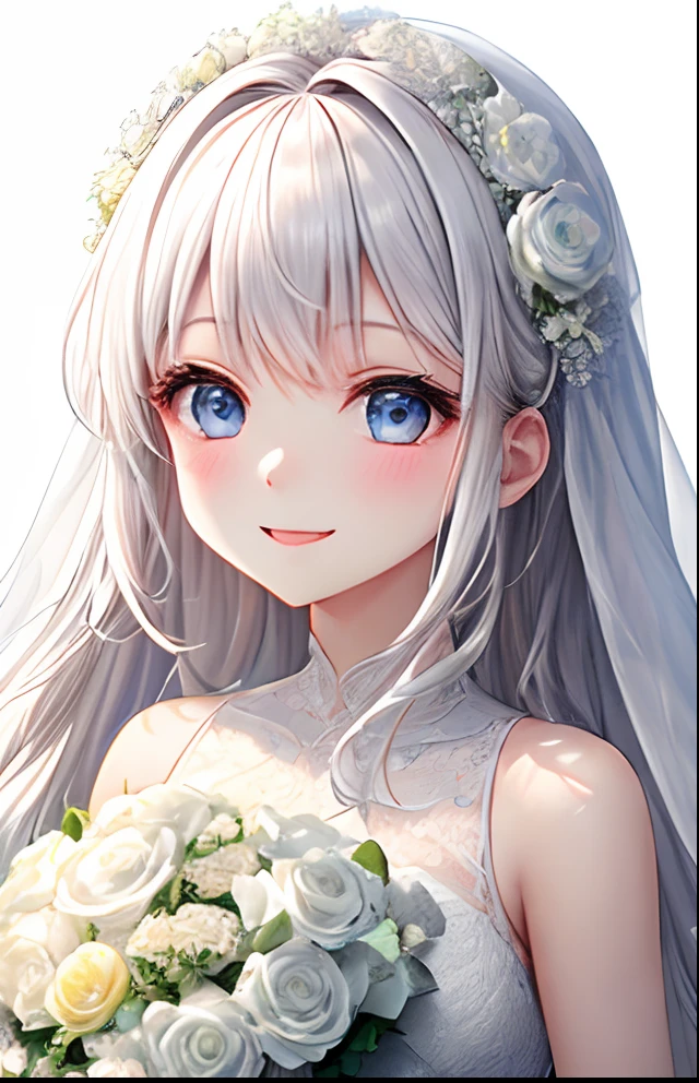 biwa hayahide \(umamusume\) wearing a white wedding dress, under rim glasses, tiara, wedding veil in front of face, wedding bouquet