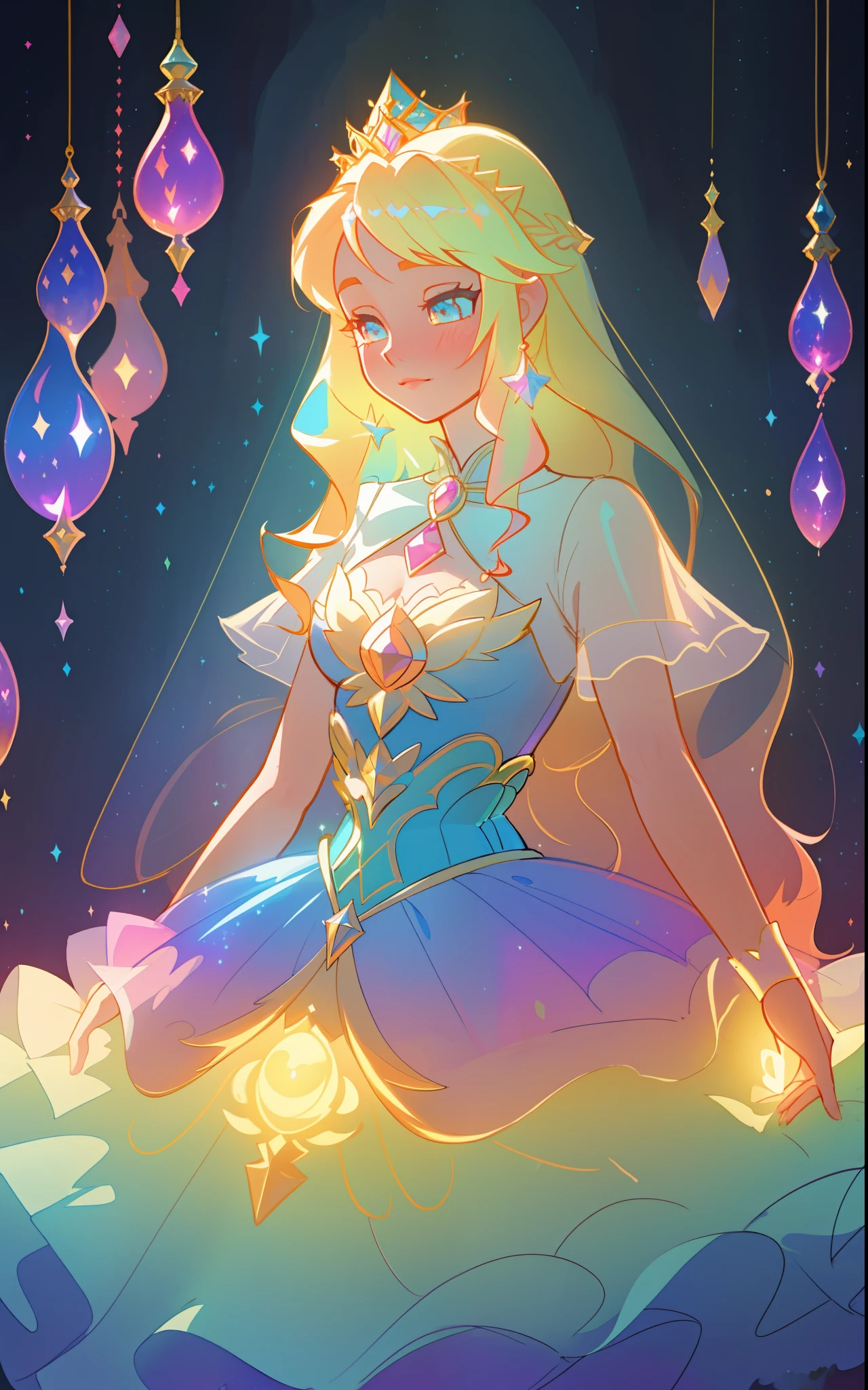 beautiful girl, puffy tiered rainbow ballgown, princess, intricate dress design, (colorful), long wavy hair, magical lights, sparkling magical liquid, inspired by Glen Keane, inspired by Lois van Baarle, disney art style, by Lois van Baarle, glowing aura around her, by Glen Keane, jen bartel, glowing lights! digital painting, flowing glowing hair, glowing flowing hair, beautiful digital illustration, fantasia background, whimsical, magical, fantasy, ((masterpiece, best quality)), intricate details, highly detailed, sharp focus, 8k resolution, sparkling detailed eyes, liquid watercolor